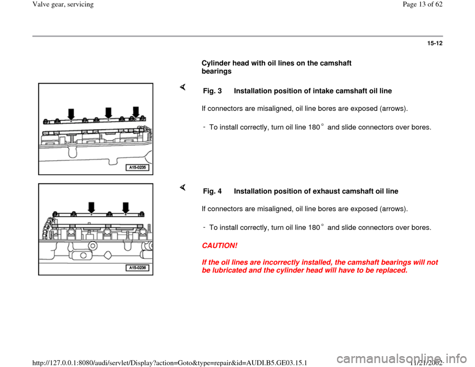 AUDI A6 1999 C5 / 2.G AHA ATQ Engines Valve Gear Service Manual 15-12
      
Cylinder head with oil lines on the camshaft 
bearings  
    
If connectors are misaligned, oil line bores are exposed (arrows).  Fig. 3  Installation position of intake camshaft oil line