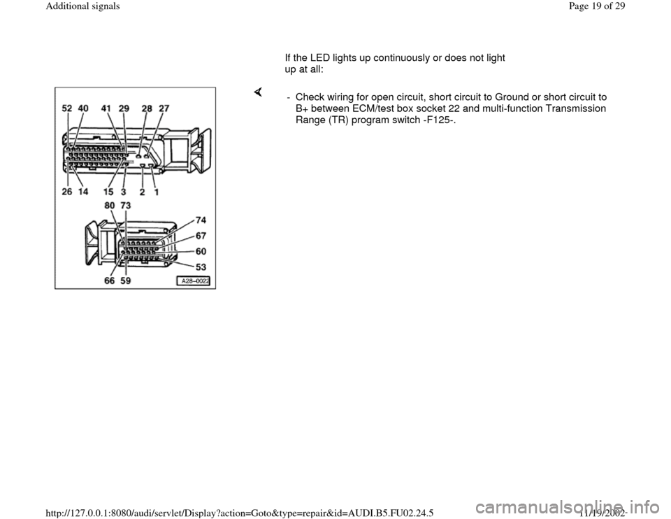 AUDI A6 1995 C5 / 2.G AEB Engine Additional Signal       If the LED lights up continuously or does not light 
up at all:  
    
-  Check wiring for open circuit, short circuit to Ground or short circuit to 
B+ between ECM/test box socket 22 and multi-