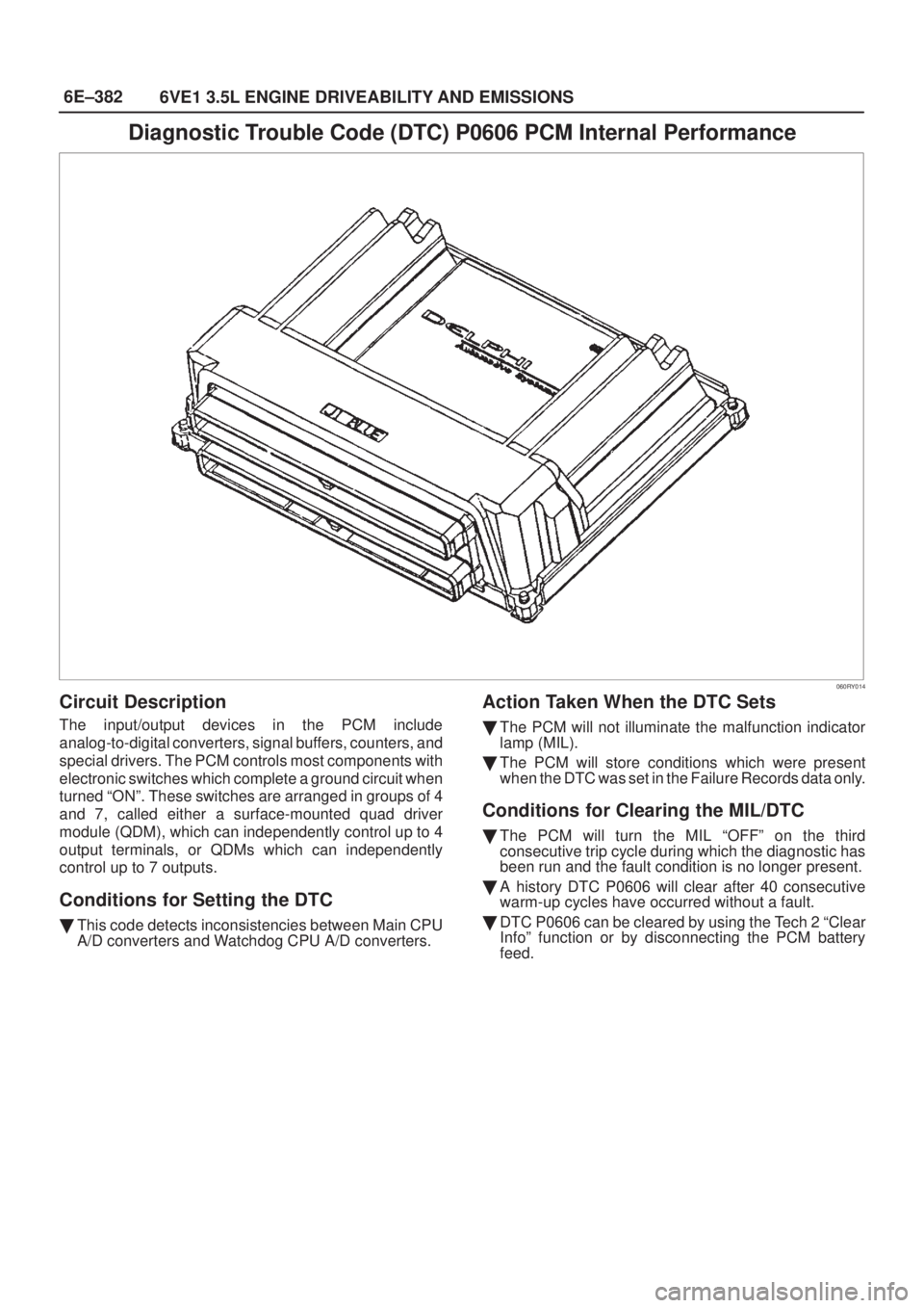 ISUZU AXIOM 2002  Service Repair Manual 6E±382
6VE1 3.5L ENGINE DRIVEABILITY AND EMISSIONS
Diagnostic Trouble Code (DTC) P0606 PCM Internal Performance
060RY014
Circuit Description
The input/output devices in the PCM include
analog-to-digi