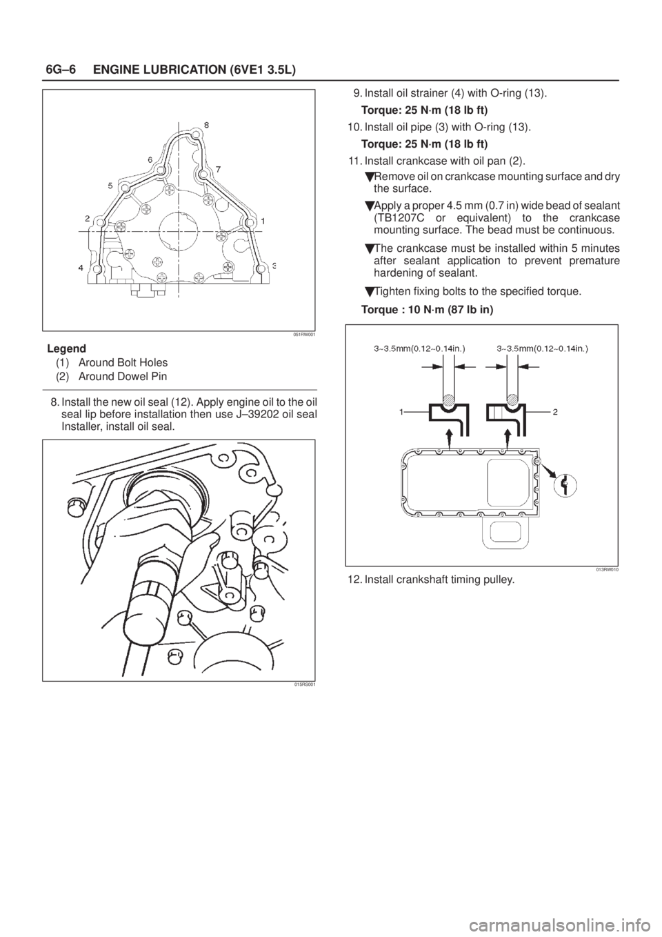 ISUZU AXIOM 2002  Service Repair Manual 6G±6
ENGINE LUBRICATION (6VE1 3.5L)
051RW001
Legend
(1) Around Bolt Holes
(2) Around Dowel Pin
8. Install the new oil seal (12). Apply engine oil to the oil
seal lip before installation then use J±3