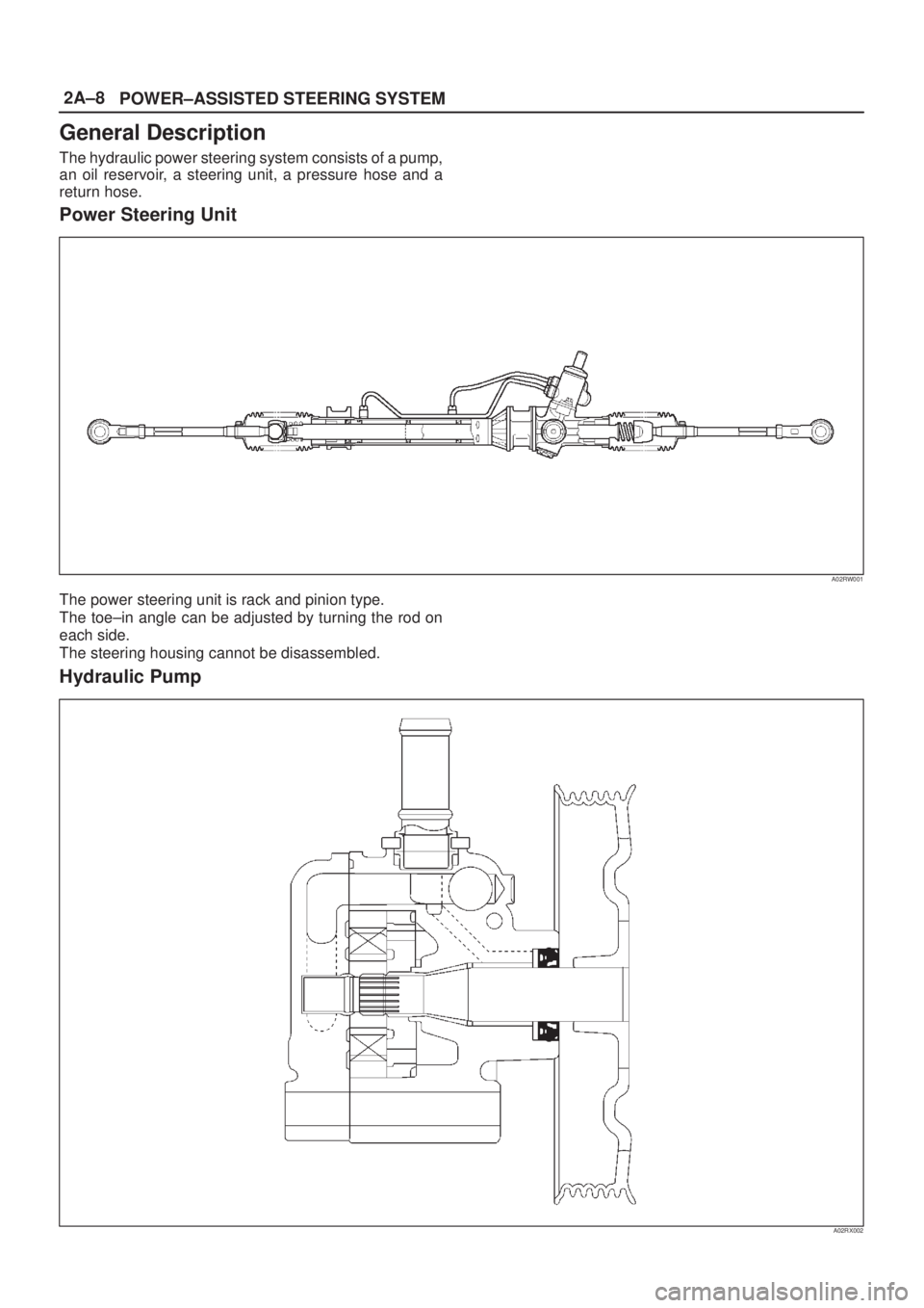 ISUZU AXIOM 2002 Service Repair Manual 2A±8
POWER±ASSISTED STEERING SYSTEM
General Description
The hydraulic power steering system consists of a pump,
an oil reservoir, a steering unit, a pressure hose and a
return hose.
Power Steering U ISUZU AXIOM 2002 Service Repair Manual 2A±8
POWER±ASSISTED STEERING SYSTEM
General Description
The hydraulic power steering system consists of a pump,
an oil reservoir, a steering unit, a pressure hose and a
return hose.
Power Steering U
