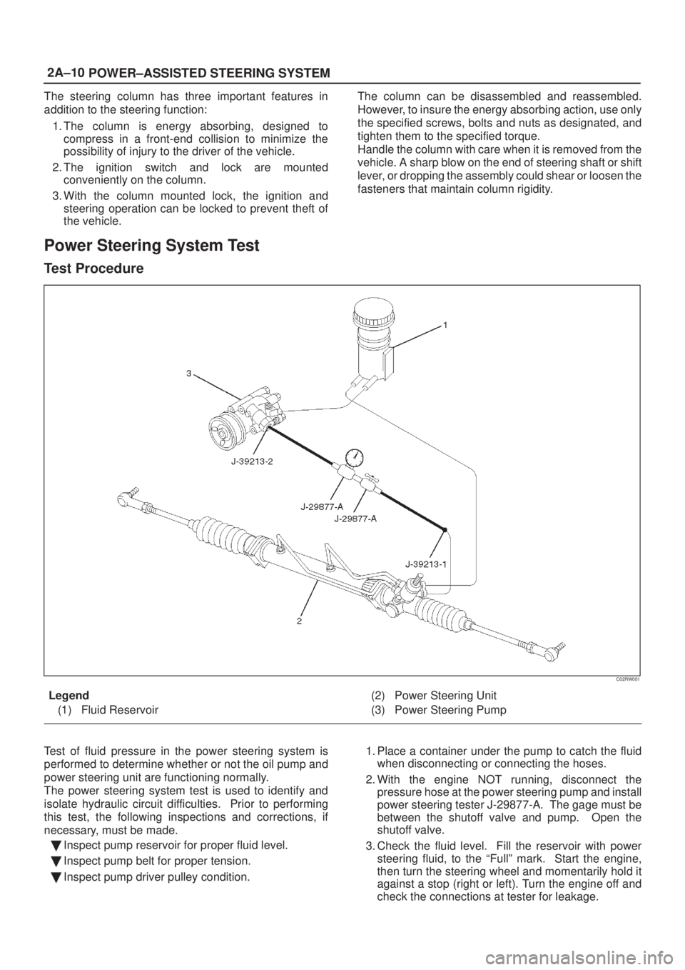 ISUZU AXIOM 2002  Service Repair Manual 2A±10
POWER±ASSISTED STEERING SYSTEM
The steering column has three important features in
addition to the steering function:
1. The column is energy absorbing, designed to
compress in a front-end col