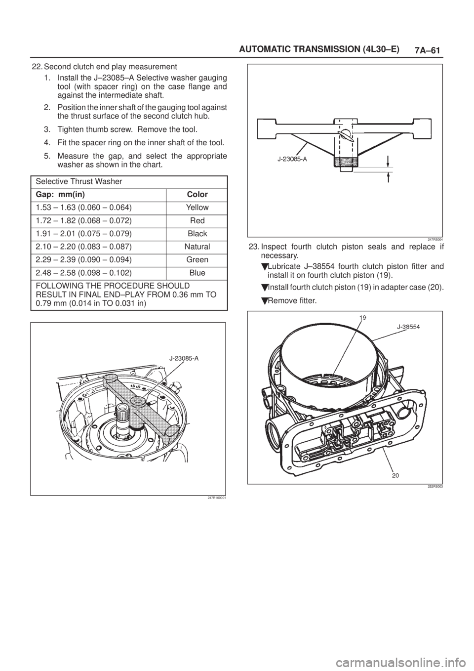 ISUZU AXIOM 2002  Service Repair Manual 7A±61 AUTOMATIC TRANSMISSION (4L30±E)
22. Second clutch end play measurement
1. Install the J±23085±A Selective washer gauging
tool (with spacer ring) on the case flange and
against the intermedia