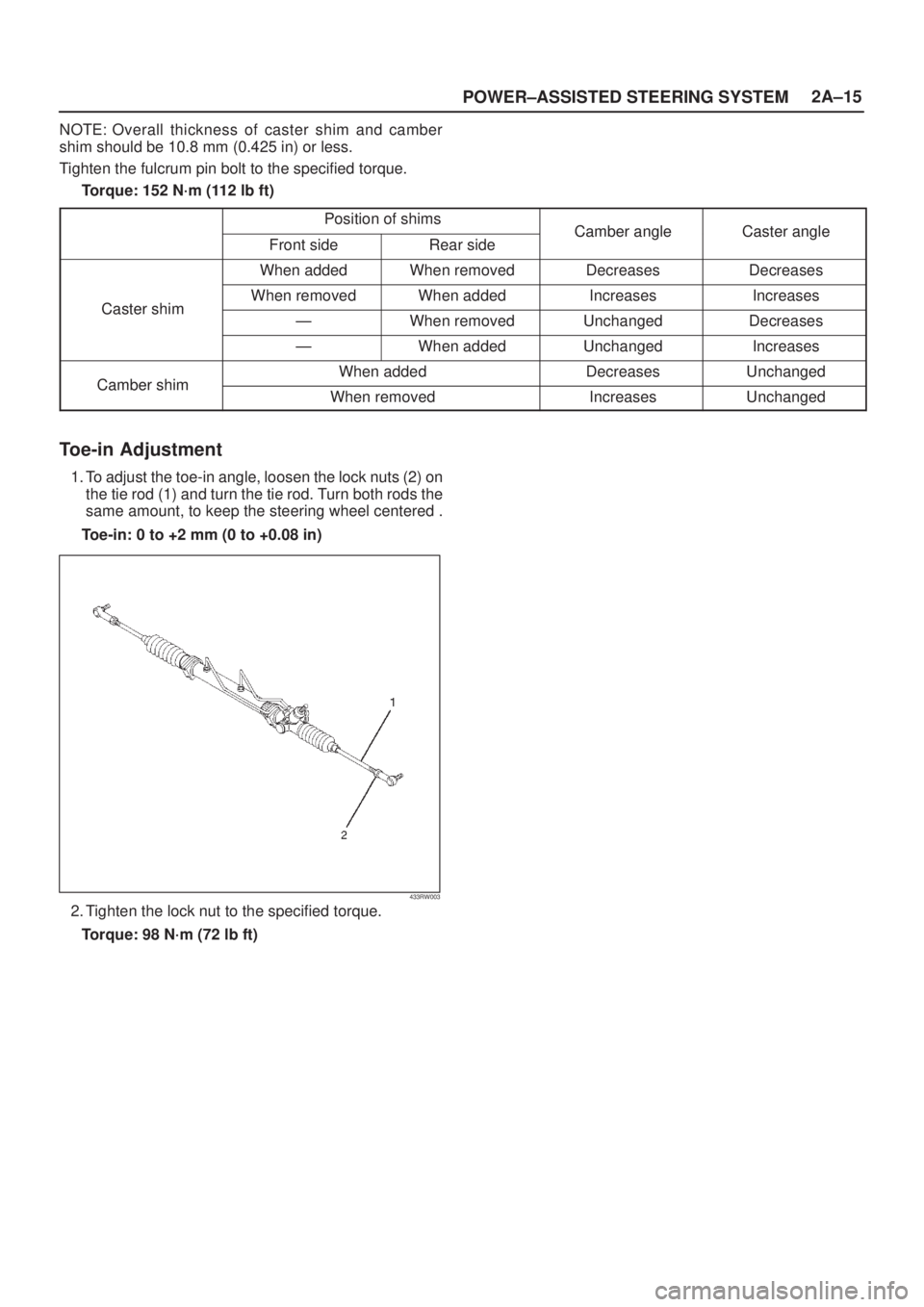 ISUZU AXIOM 2002  Service Repair Manual POWER±ASSISTED STEERING SYSTEM2A±15
NOTE: Overall thickness of caster shim and camber
shim should be 10.8 mm (0.425 in) or less.
Tighten the fulcrum pin bolt to the specified torque.
Torque: 152 N´