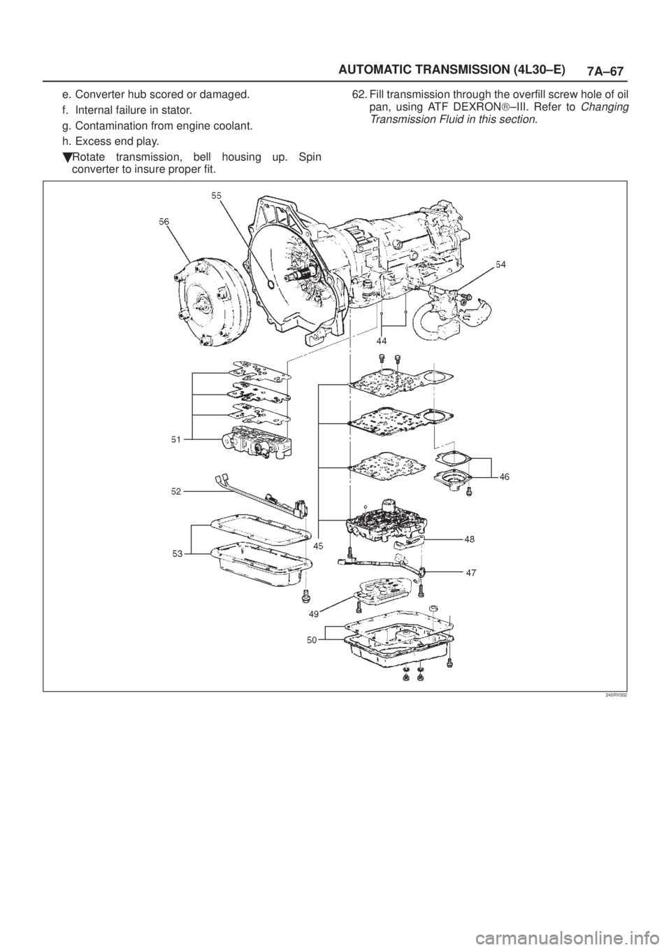 ISUZU AXIOM 2002  Service Repair Manual 7A±67 AUTOMATIC TRANSMISSION (4L30±E)
e. Converter hub scored or damaged.
f. Internal failure in stator.
g. Contamination from engine coolant.
h. Excess end play.
Rotate transmission, bell housing 