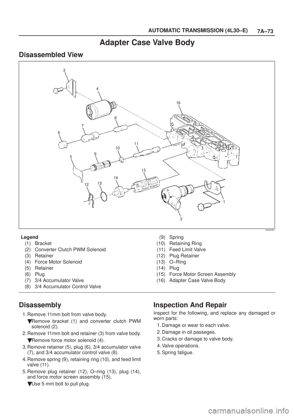ISUZU AXIOM 2002  Service Repair Manual 7A±73 AUTOMATIC TRANSMISSION (4L30±E)
Adapter Case Valve Body
Disassembled View
243RY001
Legend
(1) Bracket
(2) Converter Clutch PWM Solenoid
(3) Retainer
(4) Force Motor Solenoid
(5) Retainer
(6) P