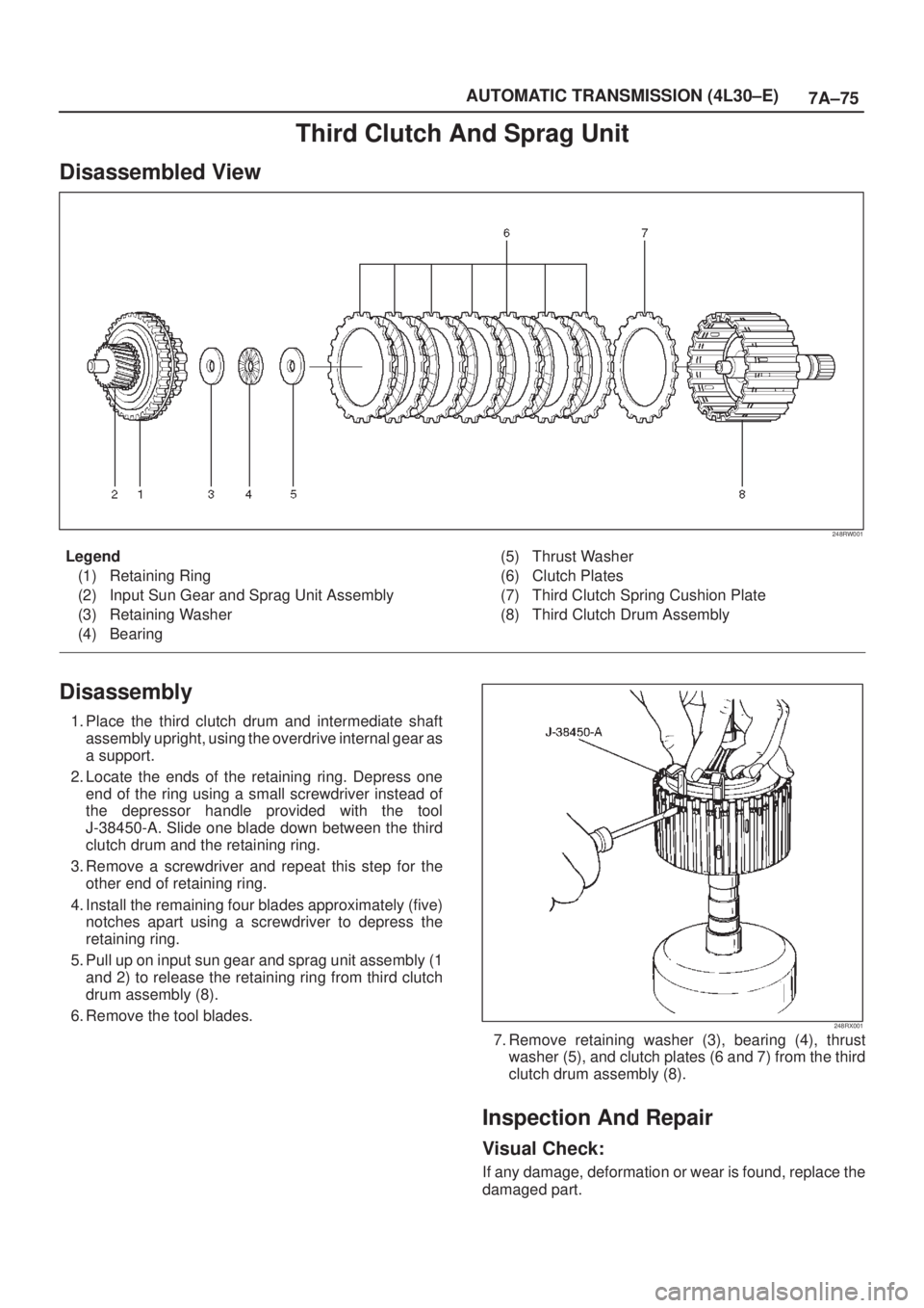 ISUZU AXIOM 2002  Service Repair Manual 7A±75 AUTOMATIC TRANSMISSION (4L30±E)
Third Clutch And Sprag Unit
Disassembled View
248RW001
Legend
(1) Retaining Ring
(2) Input Sun Gear and Sprag Unit Assembly
(3) Retaining Washer
(4) Bearing(5) 