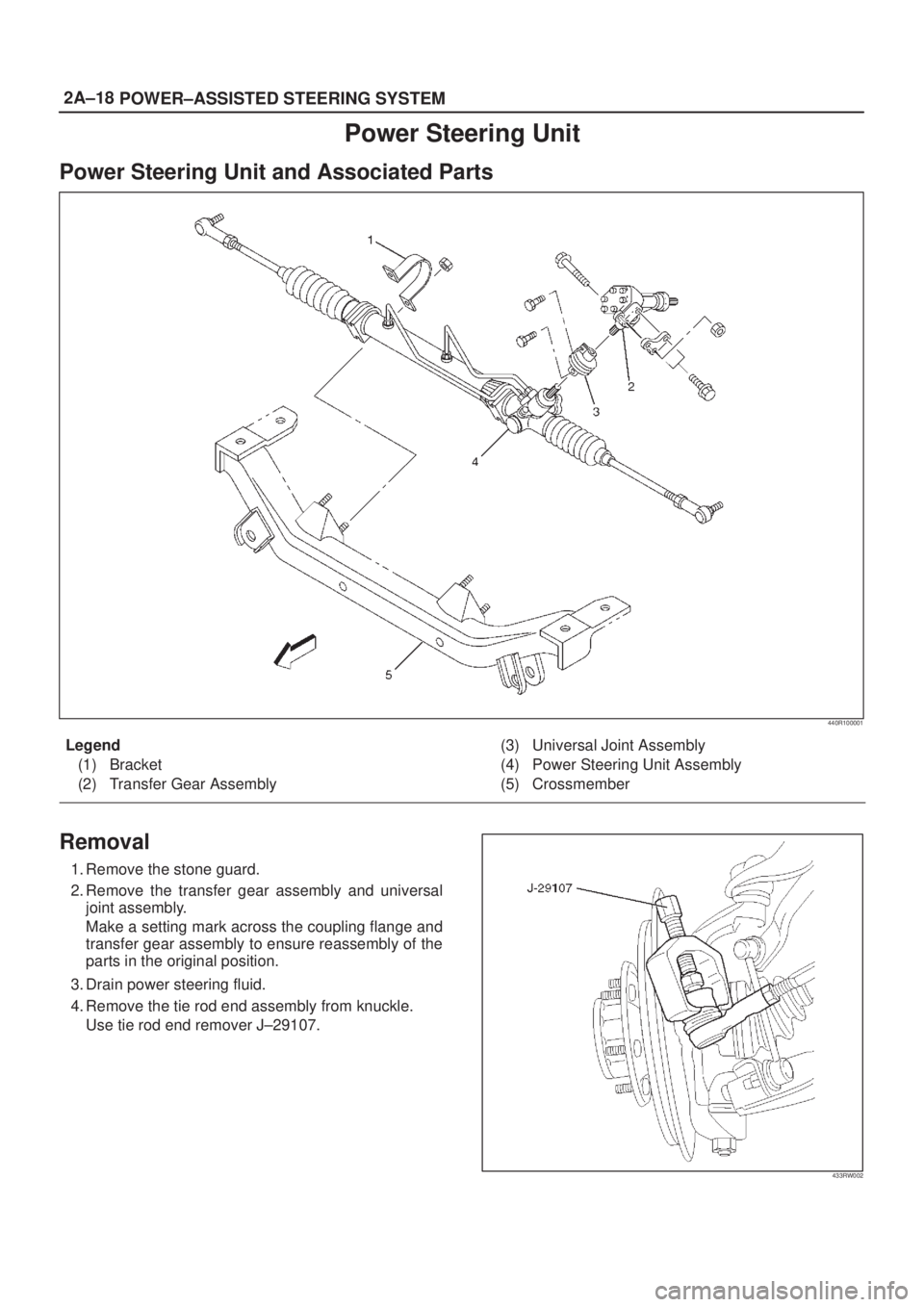 ISUZU AXIOM 2002  Service Repair Manual 2A±18
POWER±ASSISTED STEERING SYSTEM
Power Steering Unit
Power Steering Unit and Associated Parts
440R100001
Legend
(1) Bracket
(2) Transfer Gear Assembly(3) Universal Joint Assembly
(4) Power Steer