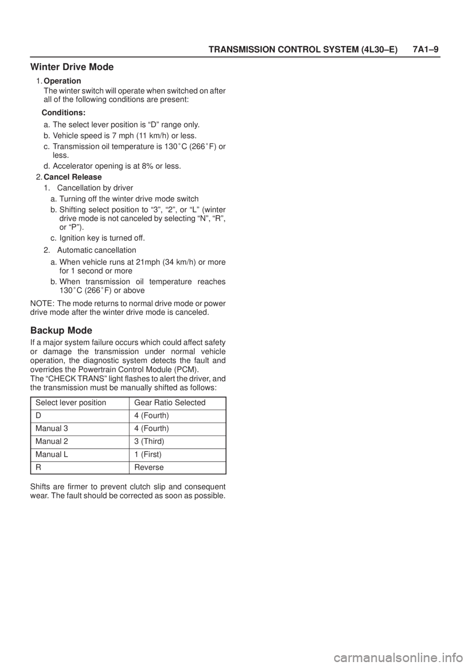 ISUZU AXIOM 2002  Service Manual Online TRANSMISSION CONTROL SYSTEM (4L30±E)7A1±9
Winter Drive Mode
1.Operation
The winter switch will operate when switched on after
all of the following conditions are present:
Conditions:
a. The select l