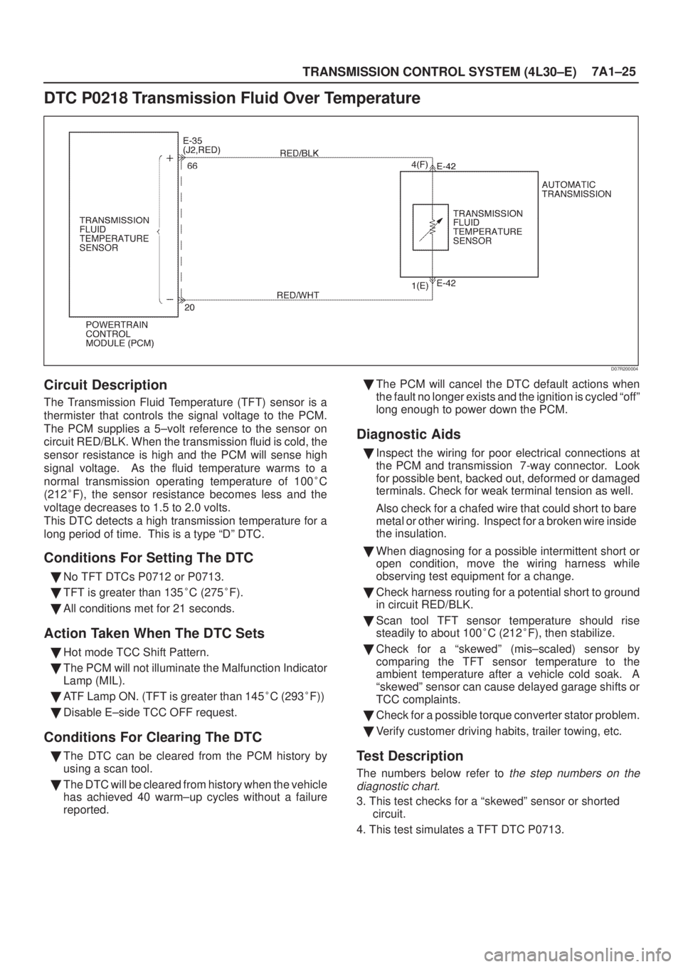 ISUZU AXIOM 2002  Service Repair Manual TRANSMISSION CONTROL SYSTEM (4L30±E)7A1±25
DTC P0218 Transmission Fluid Over Temperature
D07R200004
Circuit Description
The Transmission Fluid Temperature (TFT) sensor is a
thermister that controls 