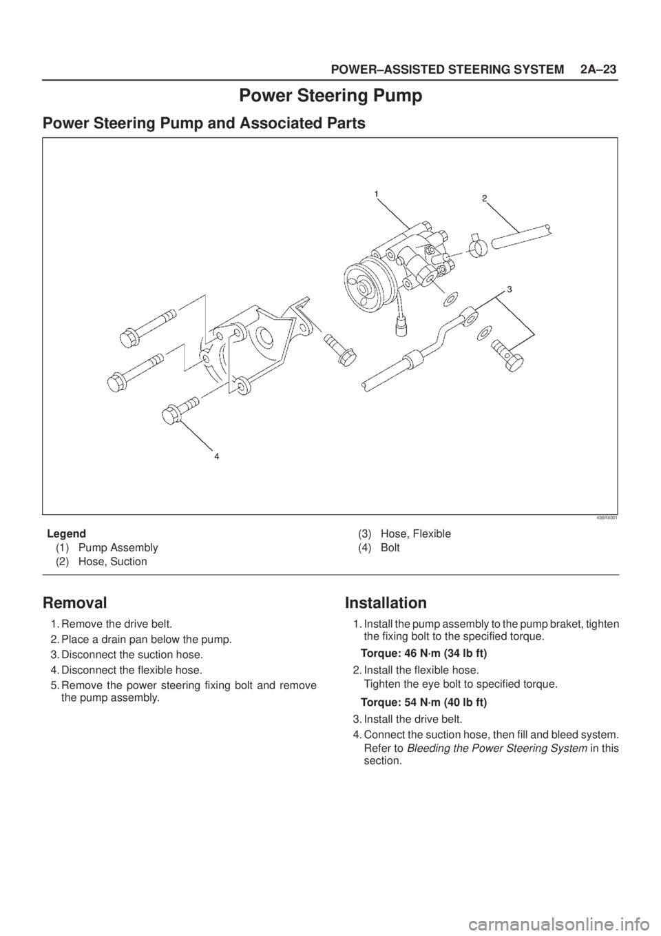 ISUZU AXIOM 2002 Service Repair Manual POWER±ASSISTED STEERING SYSTEM2A±23
Power Steering Pump
Power Steering Pump and Associated Parts
436RX001
Legend
(1) Pump Assembly
(2) Hose, Suction(3) Hose, Flexible
(4) Bolt
Removal
1. Remove the ISUZU AXIOM 2002 Service Repair Manual POWER±ASSISTED STEERING SYSTEM2A±23
Power Steering Pump
Power Steering Pump and Associated Parts
436RX001
Legend
(1) Pump Assembly
(2) Hose, Suction(3) Hose, Flexible
(4) Bolt
Removal
1. Remove the