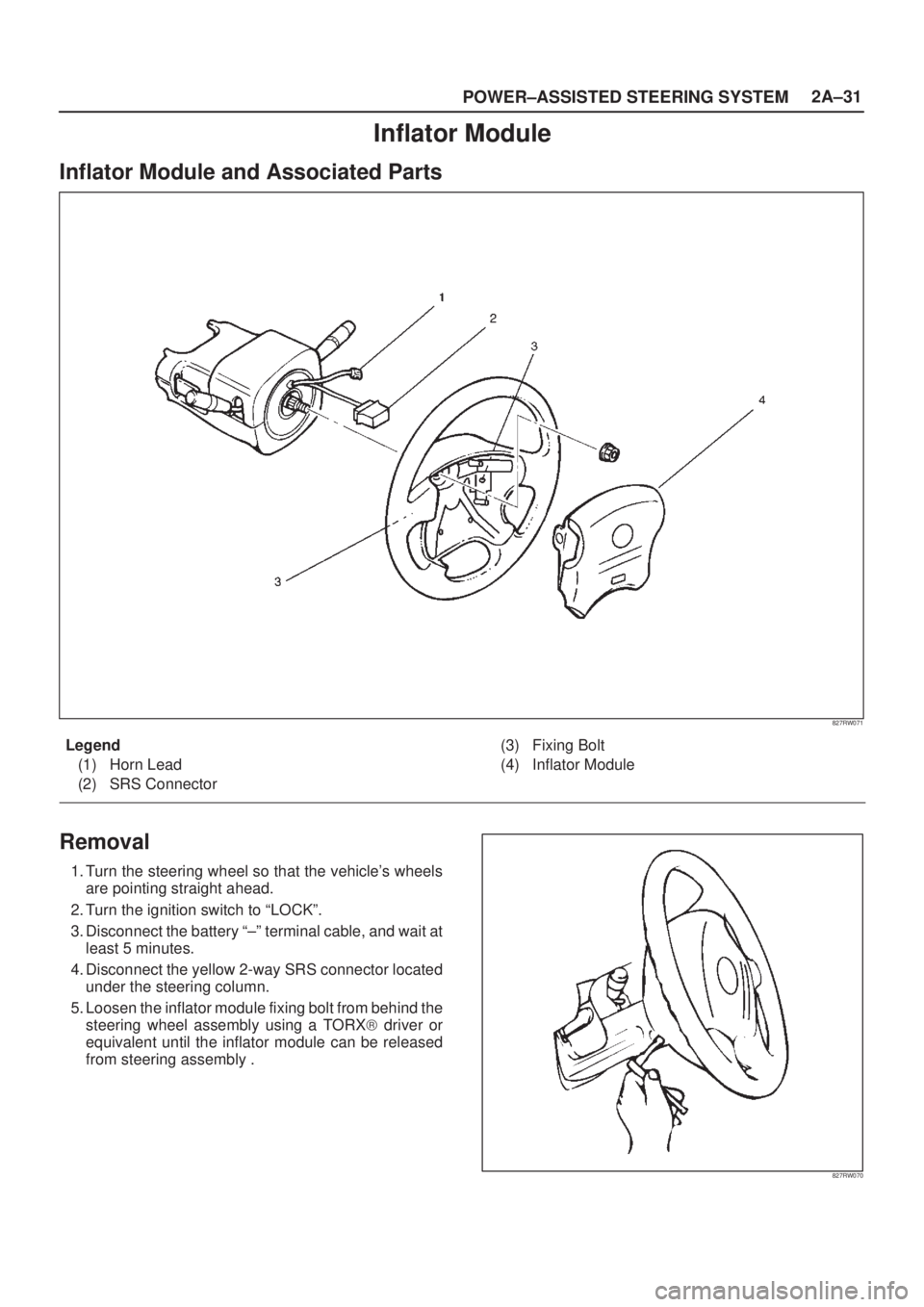 ISUZU AXIOM 2002 Service Repair Manual POWER±ASSISTED STEERING SYSTEM2A±31
Inflator Module
Inflator Module and Associated Parts
827RW071
Legend
(1) Horn Lead
(2) SRS Connector(3) Fixing Bolt
(4) Inflator Module
Removal
1. Turn the steeri ISUZU AXIOM 2002 Service Repair Manual POWER±ASSISTED STEERING SYSTEM2A±31
Inflator Module
Inflator Module and Associated Parts
827RW071
Legend
(1) Horn Lead
(2) SRS Connector(3) Fixing Bolt
(4) Inflator Module
Removal
1. Turn the steeri