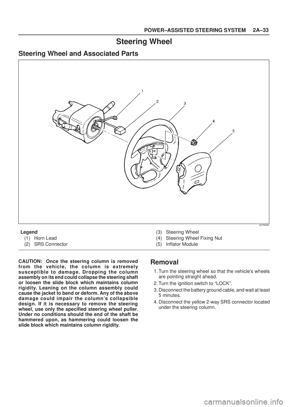 ISUZU AXIOM 2002 Service Repair Manual POWER±ASSISTED STEERING SYSTEM2A±33
Steering Wheel
Steering Wheel and Associated Parts
827RW069
Legend
(1) Horn Lead
(2) SRS Connector(3) Steering Wheel
(4) Steering Wheel Fixing Nut
(5) Inflator Mo ISUZU AXIOM 2002 Service Repair Manual POWER±ASSISTED STEERING SYSTEM2A±33
Steering Wheel
Steering Wheel and Associated Parts
827RW069
Legend
(1) Horn Lead
(2) SRS Connector(3) Steering Wheel
(4) Steering Wheel Fixing Nut
(5) Inflator Mo