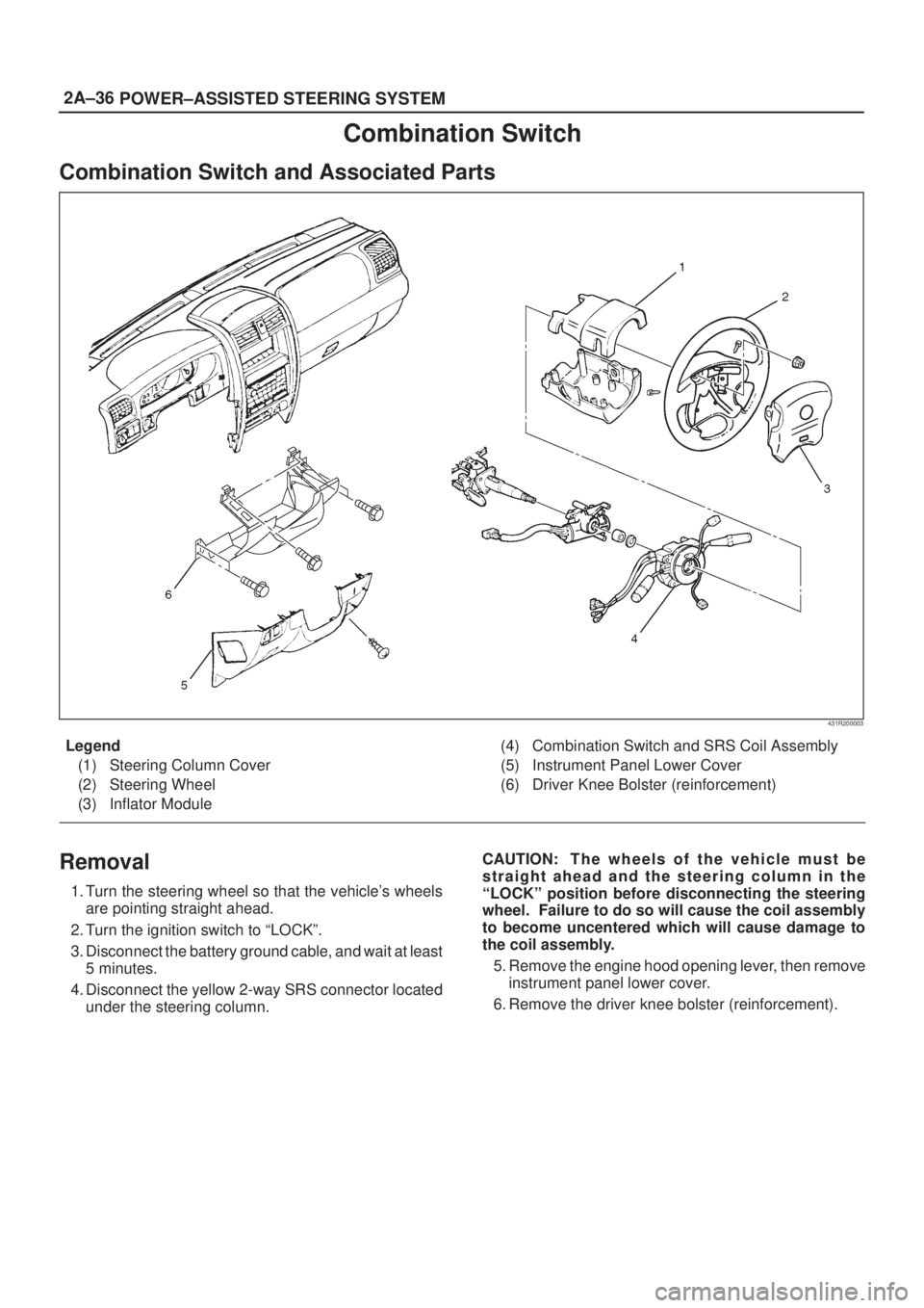 ISUZU AXIOM 2002 Service Service Manual 2A±36
POWER±ASSISTED STEERING SYSTEM
Combination Switch
Combination Switch and Associated Parts
431R200003
Legend
(1) Steering Column Cover
(2) Steering Wheel
(3) Inflator Module(4) Combination Swit ISUZU AXIOM 2002 Service Service Manual 2A±36
POWER±ASSISTED STEERING SYSTEM
Combination Switch
Combination Switch and Associated Parts
431R200003
Legend
(1) Steering Column Cover
(2) Steering Wheel
(3) Inflator Module(4) Combination Swit
