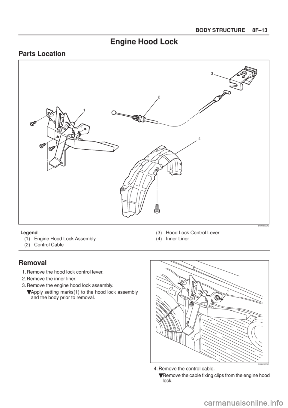 ISUZU AXIOM 2002  Service Repair Manual 8F±13 BODY STRUCTURE
Engine Hood Lock
Parts Location
610R200012
Legend
(1) Engine Hood Lock Assembly
(2) Control Cable(3) Hood Lock Control Lever
(4) Inner Liner
Removal
1. Remove the hood lock contr