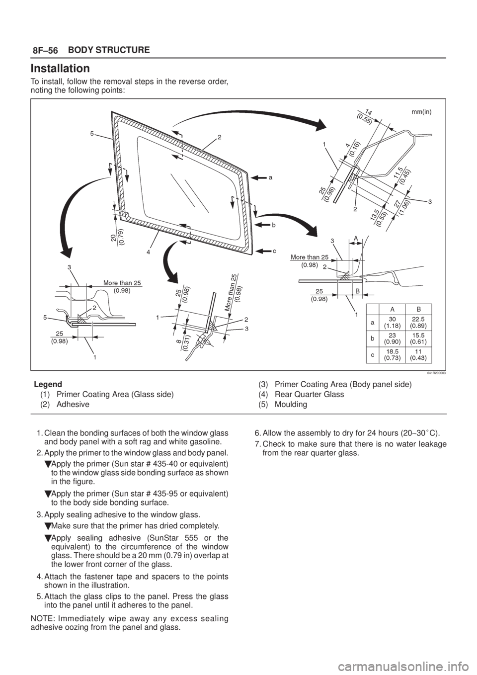 ISUZU AXIOM 2002  Service User Guide 8F±56BODY STRUCTURE
Installation
To install, follow the removal steps in the reverse order,
noting the following points:
641R200003
Legend
(1) Primer Coating Area (Glass side)
(2) Adhesive(3) Primer 