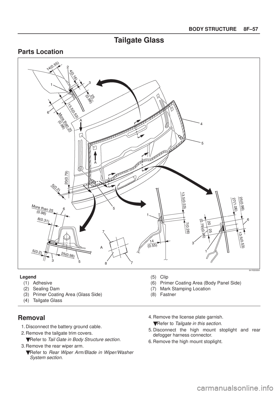 ISUZU AXIOM 2002  Service Repair Manual 8F±57 BODY STRUCTURE
Tailgate Glass
Parts Location
641R200004
Legend
(1) Adhesive
(2) Sealing Dam
(3) Primer Coating Area (Glass Side)
(4) Tailgate Glass(5) Clip
(6) Primer Coating Area (Body Panel S