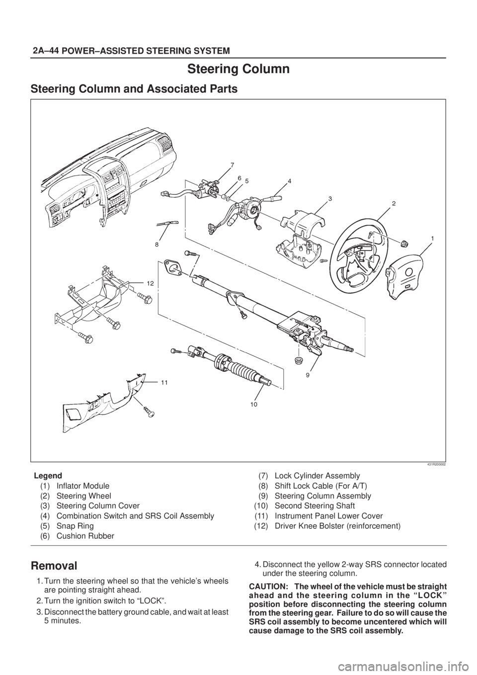 ISUZU AXIOM 2002 Service Repair Manual 2A±44
POWER±ASSISTED STEERING SYSTEM
Steering Column
Steering Column and Associated Parts
431R200002
Legend
(1) Inflator Module
(2) Steering Wheel
(3) Steering Column Cover
(4) Combination Switch an ISUZU AXIOM 2002 Service Repair Manual 2A±44
POWER±ASSISTED STEERING SYSTEM
Steering Column
Steering Column and Associated Parts
431R200002
Legend
(1) Inflator Module
(2) Steering Wheel
(3) Steering Column Cover
(4) Combination Switch an