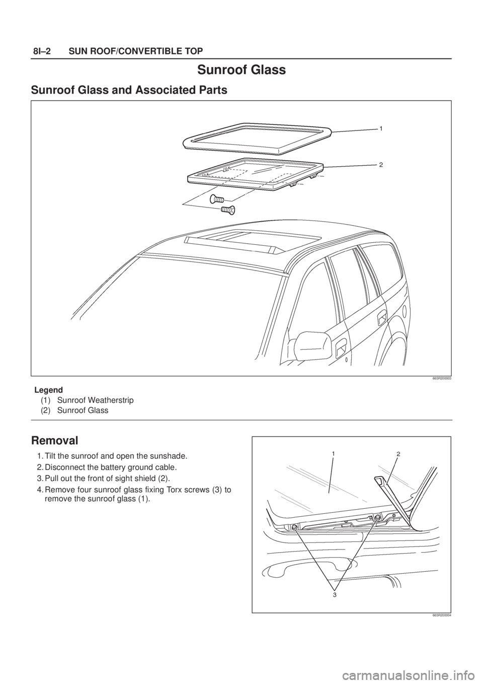 ISUZU AXIOM 2002  Service Repair Manual 8I±2SUN ROOF/CONVERTIBLE TOP
Sunroof Glass
Sunroof Glass and Associated Parts
665R200003
Legend
(1) Sunroof Weatherstrip
(2) Sunroof Glass
Removal
1. Tilt the sunroof and open the sunshade.
2. Discon