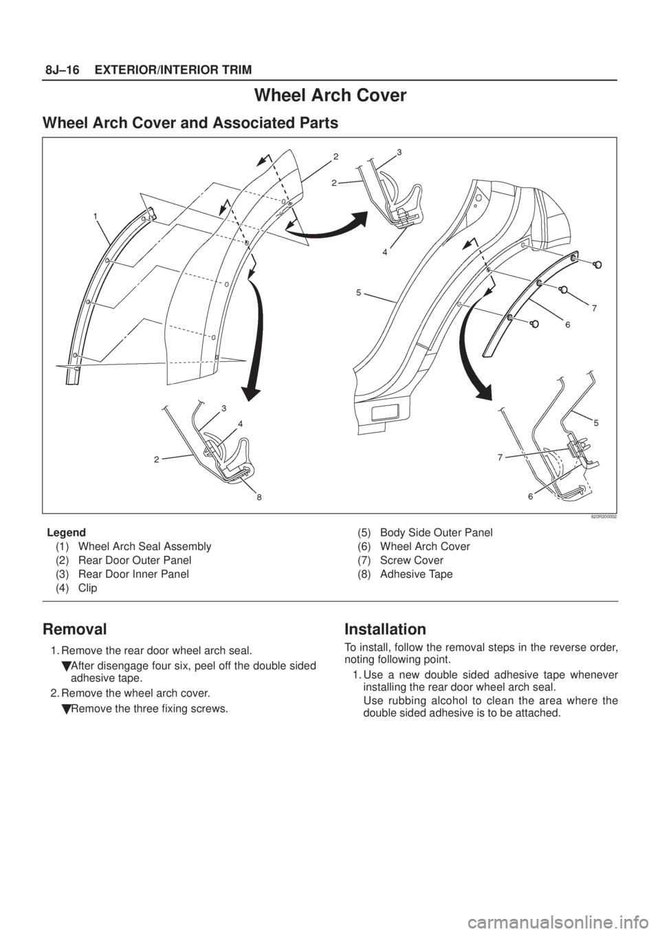 ISUZU AXIOM 2002  Service Repair Manual 8J±16EXTERIOR/INTERIOR TRIM
Wheel Arch Cover
Wheel Arch Cover and Associated Parts
620R200002
Legend
(1) Wheel Arch Seal Assembly
(2) Rear Door Outer Panel
(3) Rear Door Inner Panel
(4) Clip(5) Body 