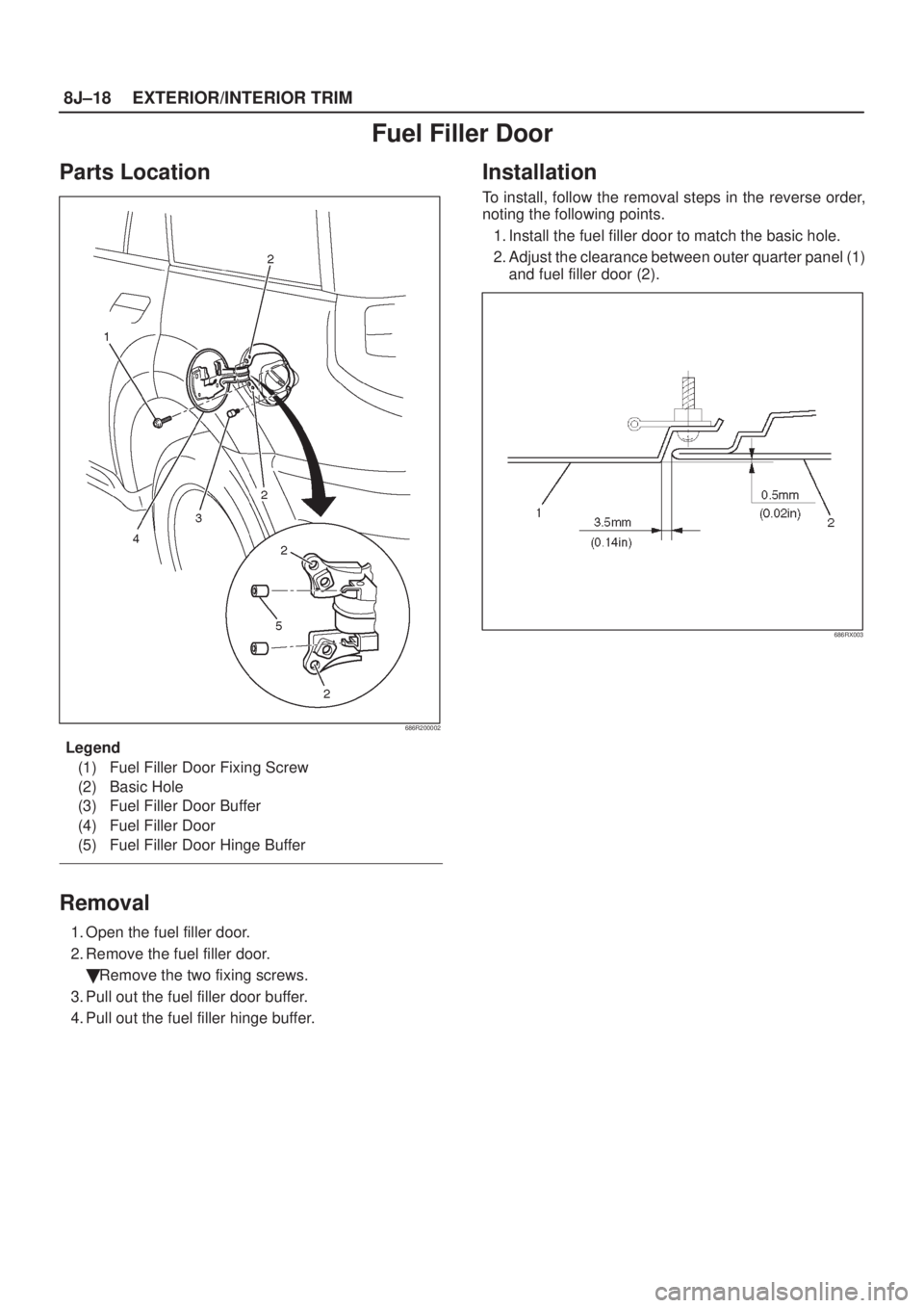 ISUZU AXIOM 2002  Service Repair Manual 8J±18EXTERIOR/INTERIOR TRIM
Fuel Filler Door
Parts Location
686R200002
Legend
(1) Fuel Filler Door Fixing Screw
(2) Basic Hole
(3) Fuel Filler Door Buffer
(4) Fuel Filler Door
(5) Fuel Filler Door Hi