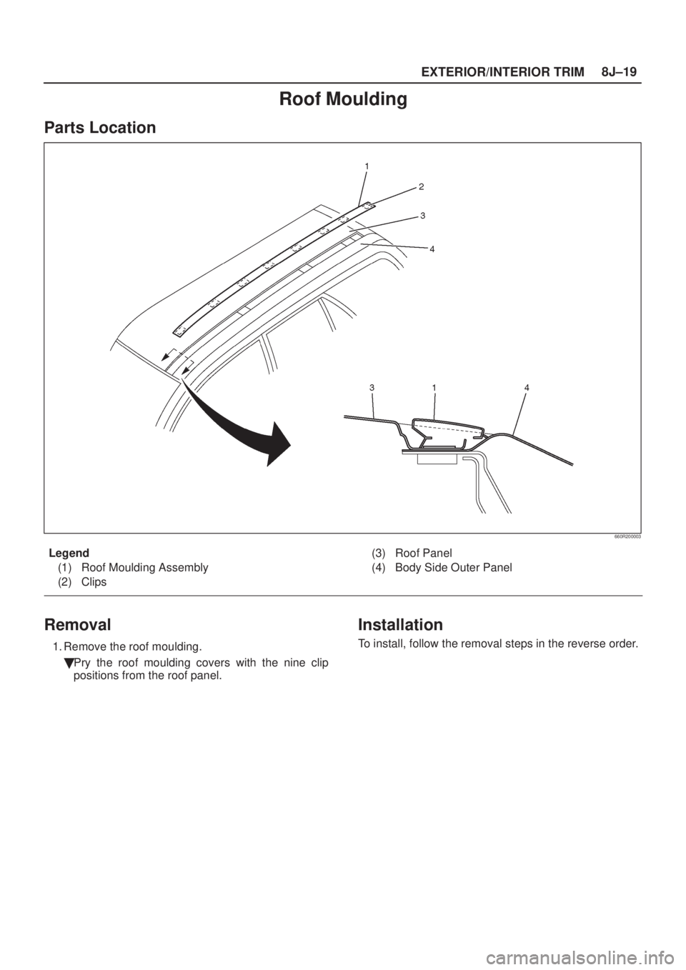 ISUZU AXIOM 2002  Service Repair Manual EXTERIOR/INTERIOR TRIM8J±19
Roof Moulding
Parts Location
660R200003
Legend
(1) Roof Moulding Assembly
(2) Clips(3) Roof Panel
(4) Body Side Outer Panel
Removal
1. Remove the roof moulding.
Pry the r