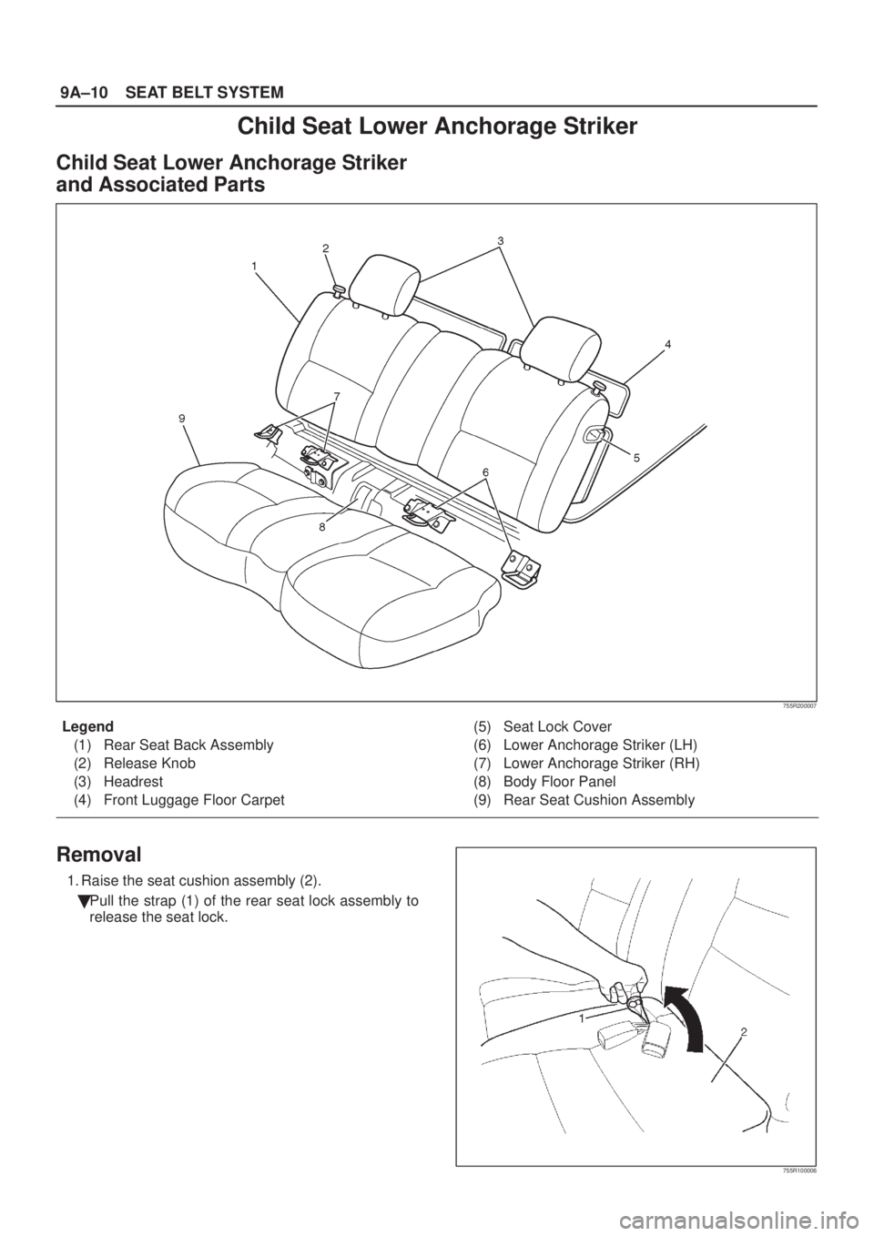 ISUZU AXIOM 2002  Service Repair Manual 9A±10SEAT BELT SYSTEM
Child Seat Lower Anchorage Striker
Child Seat Lower Anchorage Striker
and Associated Parts
755R200007
Legend
(1) Rear Seat Back Assembly
(2) Release Knob
(3) Headrest
(4) Front 