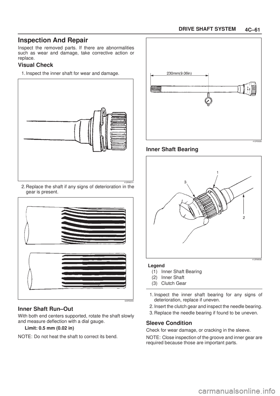 ISUZU AXIOM 2002  Service Repair Manual 4C±61 DRIVE SHAFT SYSTEM
Inspection And Repair
Inspect the removed parts. If there are abnormalities
such as wear and damage, take corrective action or
replace.
Visual Check
1. Inspect the inner shaf