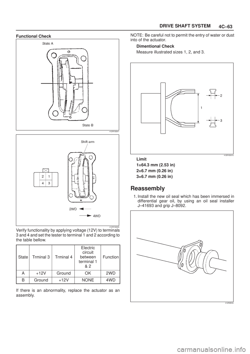 ISUZU AXIOM 2002  Service Repair Manual 4C±63 DRIVE SHAFT SYSTEM
Functional Check
412RY00041
412RY00009Verify functionality by applying voltage (12V) to terminals
3 and 4 and set the tester to terminal 1 and 2 according to
the table bellow