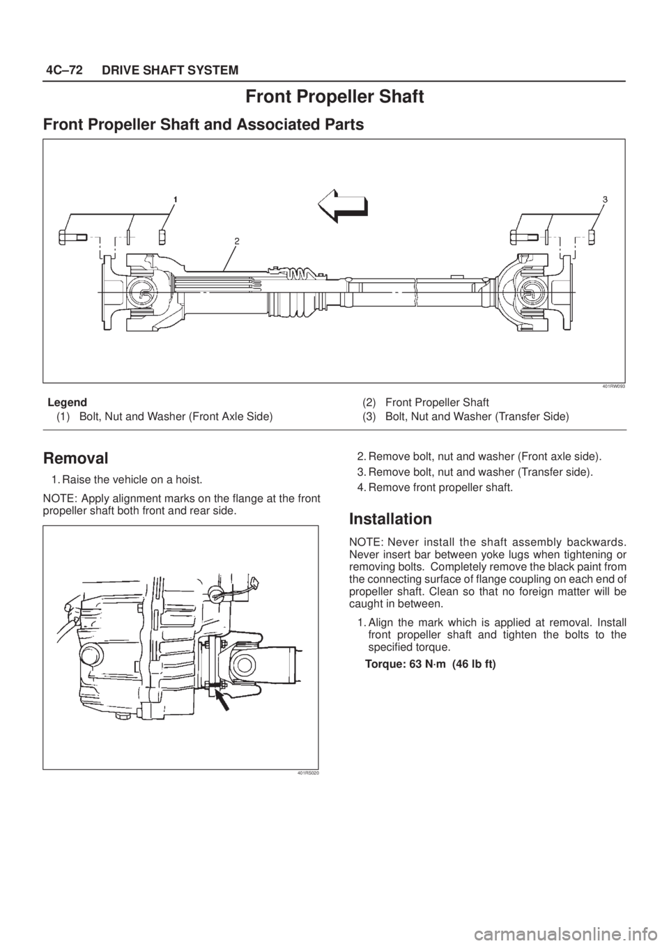 ISUZU AXIOM 2002 Service Repair Manual 4C±72
DRIVE SHAFT SYSTEM
Front Propeller Shaft
Front Propeller Shaft and Associated Parts
401RW093
Legend
(1) Bolt, Nut and Washer (Front Axle Side)(2) Front Propeller Shaft
(3) Bolt, Nut and Washer ISUZU AXIOM 2002 Service Repair Manual 4C±72
DRIVE SHAFT SYSTEM
Front Propeller Shaft
Front Propeller Shaft and Associated Parts
401RW093
Legend
(1) Bolt, Nut and Washer (Front Axle Side)(2) Front Propeller Shaft
(3) Bolt, Nut and Washer