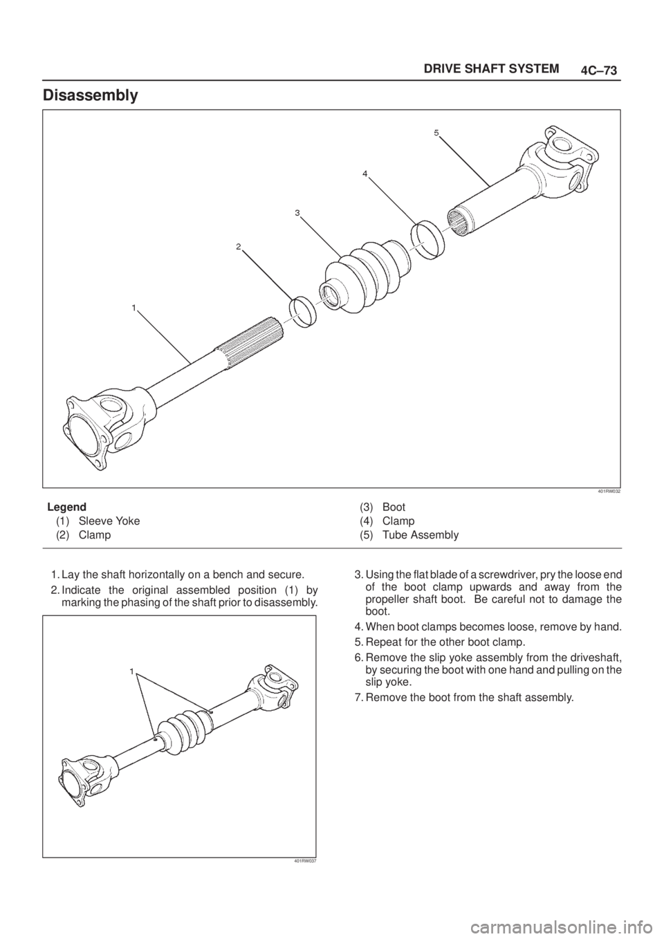 ISUZU AXIOM 2002 Service Repair Manual 4C±73 DRIVE SHAFT SYSTEM
Disassembly
401RW032
Legend
(1) Sleeve Yoke
(2) Clamp(3) Boot
(4) Clamp
(5) Tube Assembly
1. Lay the shaft horizontally on a bench and secure.
2. Indicate the original assemb ISUZU AXIOM 2002 Service Repair Manual 4C±73 DRIVE SHAFT SYSTEM
Disassembly
401RW032
Legend
(1) Sleeve Yoke
(2) Clamp(3) Boot
(4) Clamp
(5) Tube Assembly
1. Lay the shaft horizontally on a bench and secure.
2. Indicate the original assemb