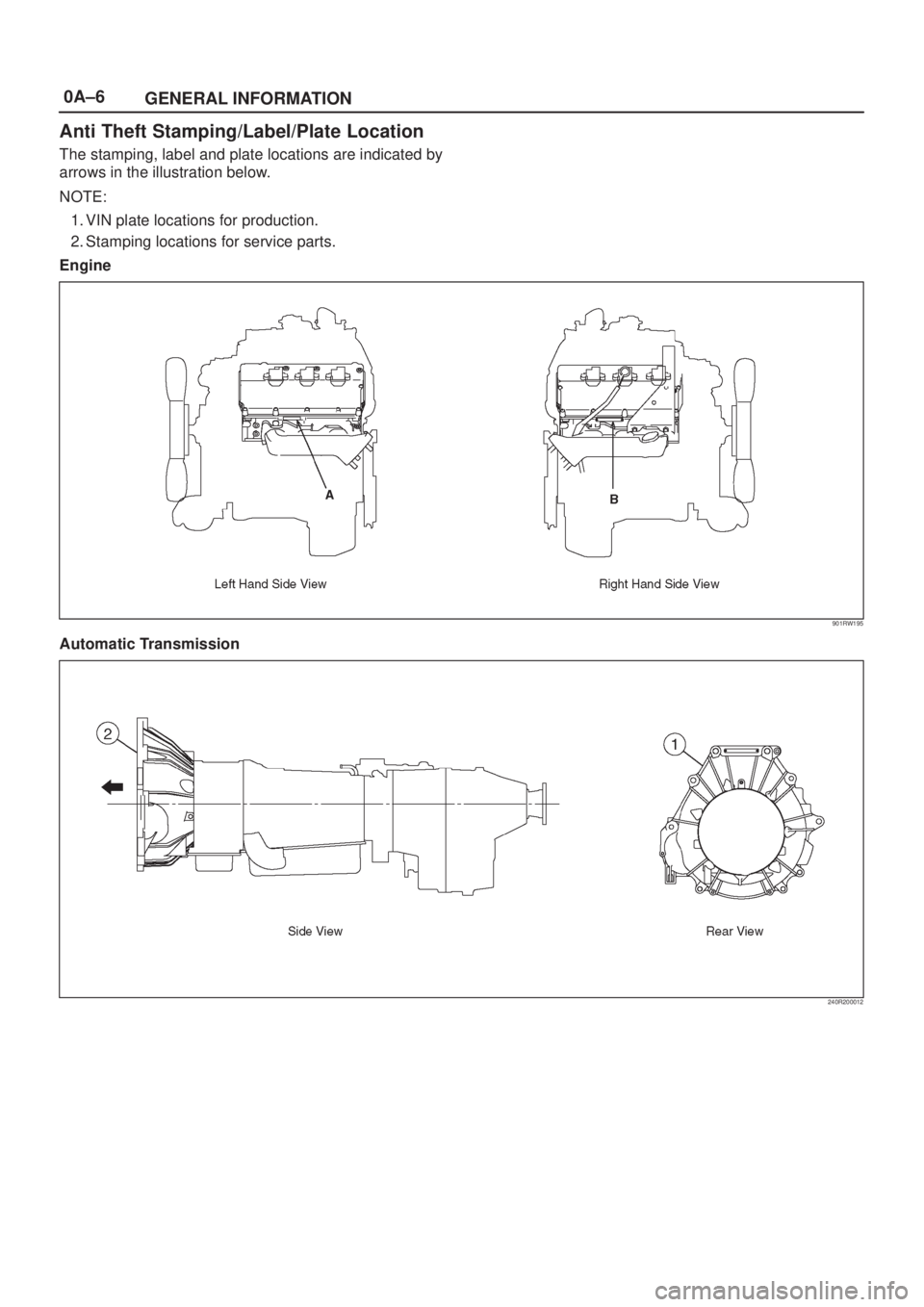 ISUZU AXIOM 2002  Service Repair Manual 0A±6
GENERAL INFORMATION
Anti Theft Stamping/Label/Plate Location
The stamping, label and plate locations are indicated by
arrows in the illustration below.
NOTE:
1. VIN plate locations for productio