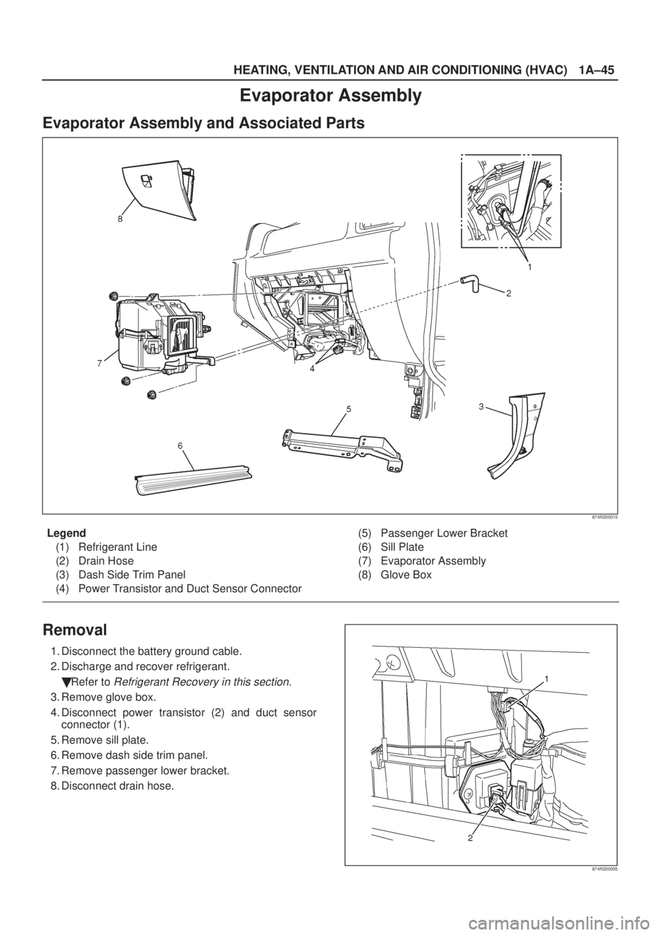 ISUZU AXIOM 2002  Service Manual PDF HEATING, VENTILATION AND AIR CONDITIONING (HVAC)
1A±45
Evaporator Assembly
Evaporator Assembly and Associated Parts
874R200015
Legend
(1) Refrigerant Line
(2) Drain Hose
(3) Dash Side Trim Panel
(4) 