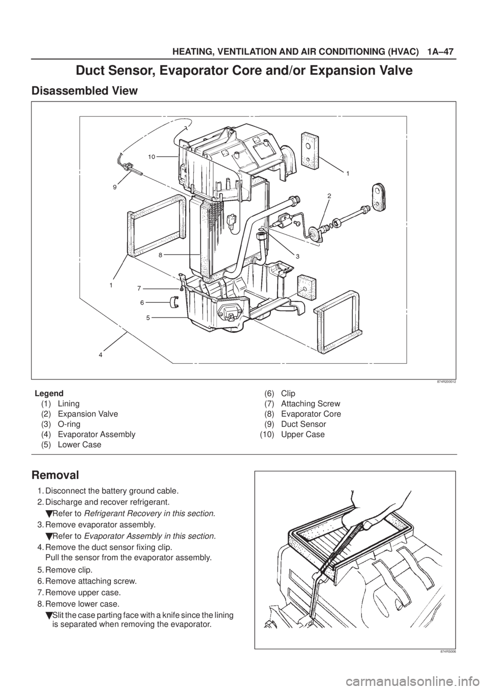 ISUZU AXIOM 2002  Service Manual PDF HEATING, VENTILATION AND AIR CONDITIONING (HVAC)
1A±47
Duct Sensor, Evaporator Core and/or Expansion Valve
Disassembled View
874R200012
Legend
(1) Lining
(2) Expansion Valve
(3) O-ring
(4) Evaporator