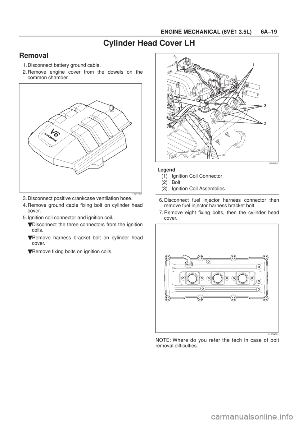 ISUZU AXIOM 2002  Service Repair Manual 6A±19
ENGINE MECHANICAL (6VE1 3.5L)
Cylinder Head Cover LH
Removal
1. Disconnect battery ground cable.
2. Remove engine cover from the dowels on the
common chamber.
F06RY001
3. Disconnect positive cr