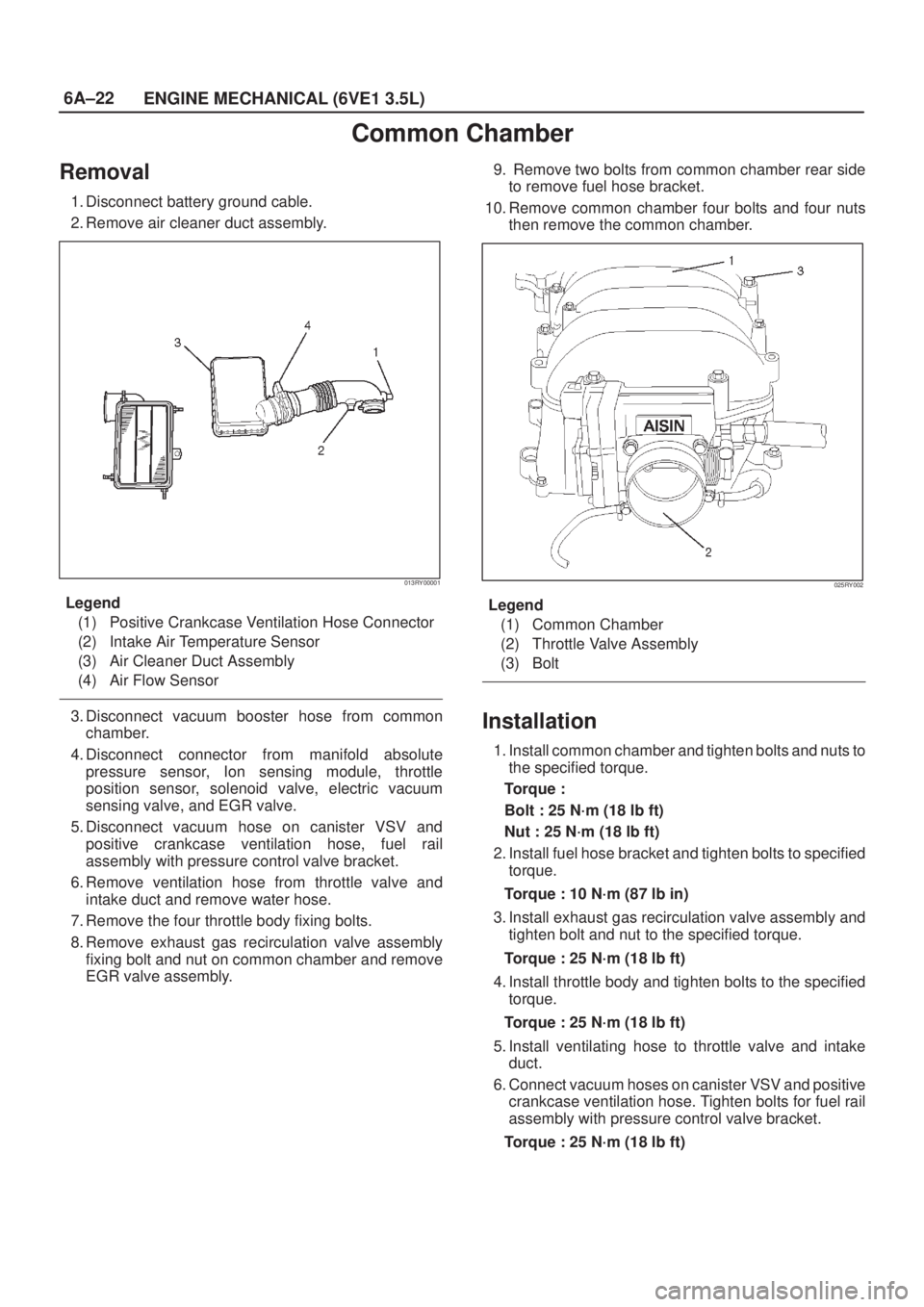 ISUZU AXIOM 2002 Service Repair Manual 6A±22
ENGINE MECHANICAL (6VE1 3.5L)
Common Chamber
Removal
1. Disconnect battery ground cable.
2. Remove air cleaner duct assembly.
013RY00001
Legend
(1) Positive Crankcase Ventilation Hose Connector ISUZU AXIOM 2002 Service Repair Manual 6A±22
ENGINE MECHANICAL (6VE1 3.5L)
Common Chamber
Removal
1. Disconnect battery ground cable.
2. Remove air cleaner duct assembly.
013RY00001
Legend
(1) Positive Crankcase Ventilation Hose Connector