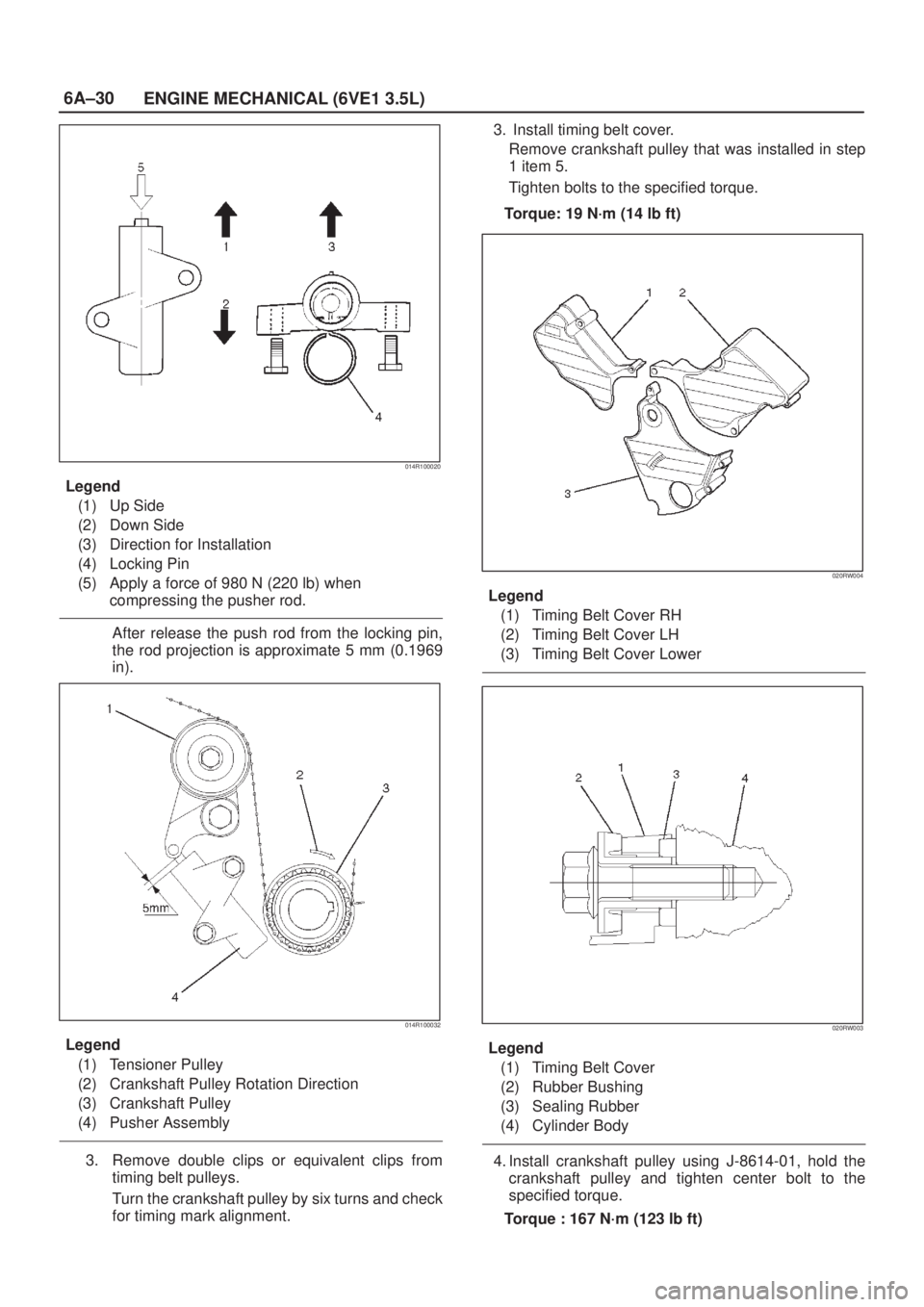 ISUZU AXIOM 2002  Service Repair Manual 6A±30
ENGINE MECHANICAL (6VE1 3.5L)
014R100020
Legend
(1) Up Side
(2) Down Side
(3) Direction for Installation
(4) Locking Pin
(5) Apply a force of 980 N (220 lb) when
compressing the pusher rod.
Aft