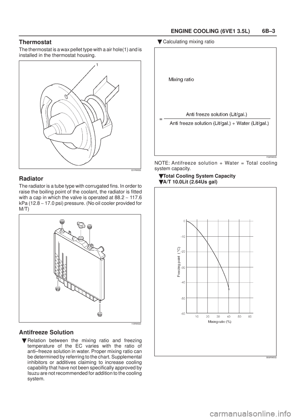 ISUZU AXIOM 2002  Service User Guide ENGINE COOLING (6VE1 3.5L)6B±3
Thermostat
The thermostat is a wax pellet type with a air hole(1) and is
installed in the thermostat housing.
031RW002
Radiator
The radiator is a tube type with corruga