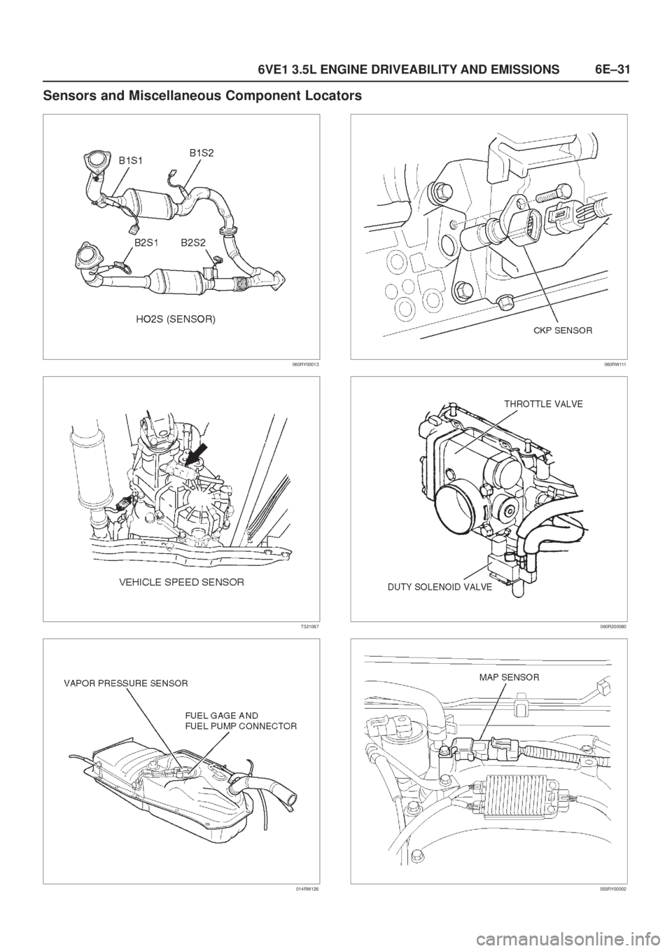 ISUZU AXIOM 2002  Service Repair Manual 6E±31
6VE1 3.5L ENGINE DRIVEABILITY AND EMISSIONS
Sensors and Miscellaneous Component Locators
060RY00013
T321067
014RW126
060RW111
060R200080
055RY00002 