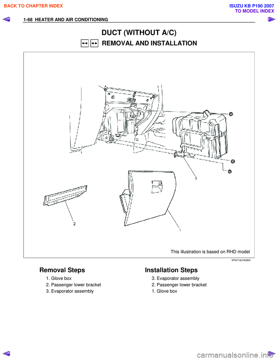 ISUZU KB P190 2007  Workshop Repair Manual 1-68  HEATER AND AIR CONDITIONING 
DUCT (WITHOUT A/C) 
   REMOVAL AND INSTALLATION 
   
 
 
 
 
 
 
 
 
  This illustration is based on RHD model   
RTW 710LF003901 
 
Removal Steps 
  1. Glove box  
