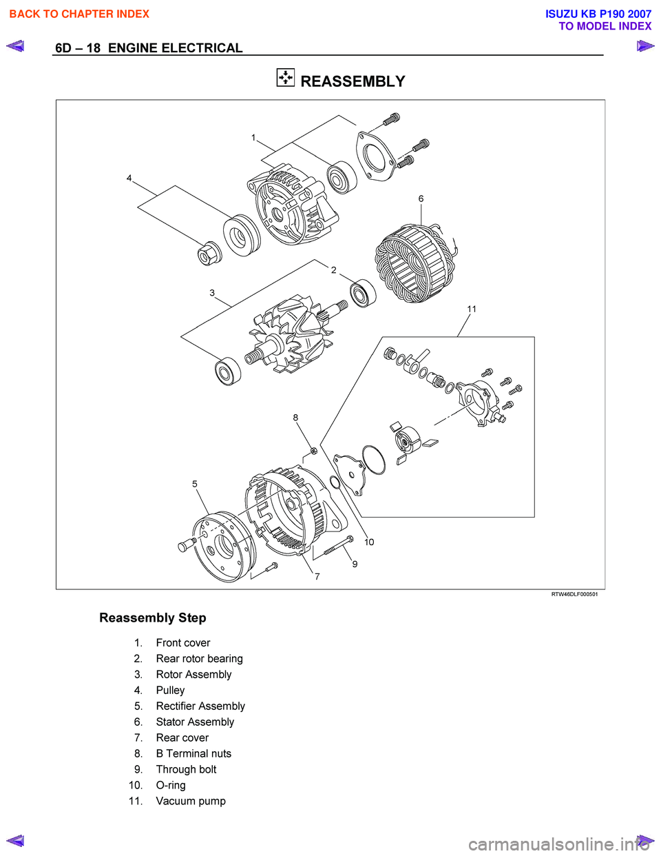 ISUZU KB P190 2007  Workshop Owners Guide 6D – 18  ENGINE ELECTRICAL 
  REASSEMBLY 
  
 
 
RTW46DLF000501 
 
 
Reassembly Step     
   1.  
Front cover       
   2.  
Rear rotor bearing       
   3.  
Rotor Assembly       
   4.  
Pulley   