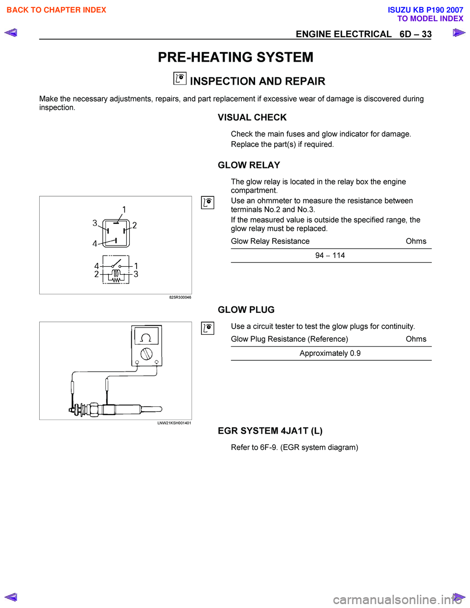 ISUZU KB P190 2007  Workshop Repair Manual ENGINE ELECTRICAL   6D – 33 
PRE-HEATING SYSTEM 
  INSPECTION AND REPAIR 
Make the necessary adjustments, repairs, and part replacement if excessive wear of damage is discovered during  
inspection.