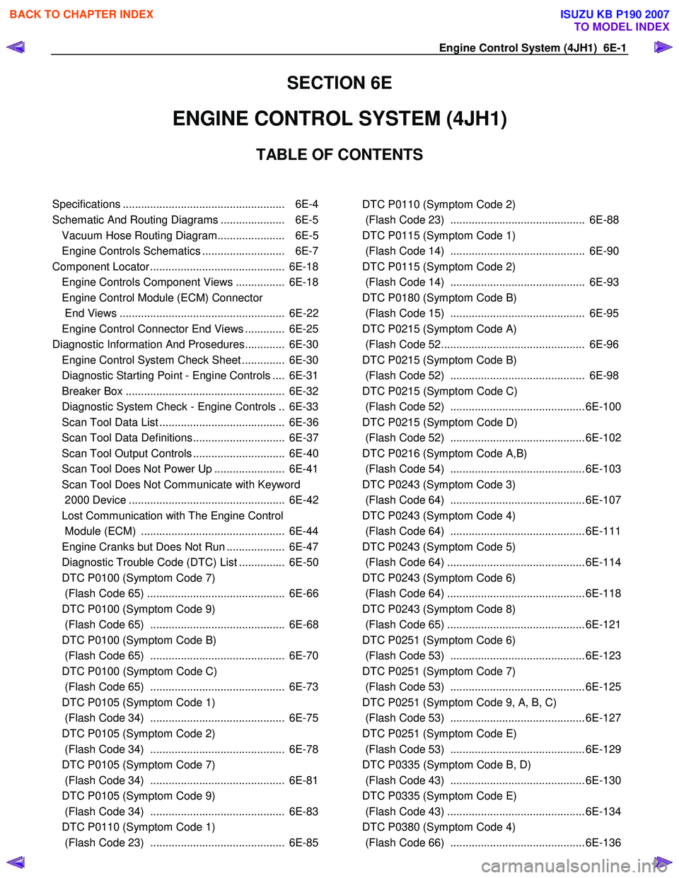 ISUZU KB P190 2007  Workshop Service Manual Engine Control System (4JH1)  6E-1 
SECTION 6E 
ENGINE CONTROL SYSTEM (4JH1)  
TABLE OF CONTENTS 
  
 
Specifications ..................................................... 6E-4 
Schematic And Routing 