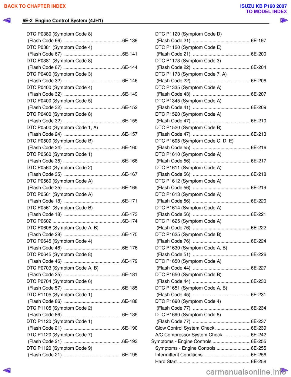 ISUZU KB P190 2007  Workshop Repair Manual 6E-2  Engine Control System (4JH1) 
DTC P0380 (Symptom Code 8)  
 (Flash Code 66)  ............................................6E-139
DTC P0381 (Symptom Code 4) 
 (Flash Code 67)  ....................