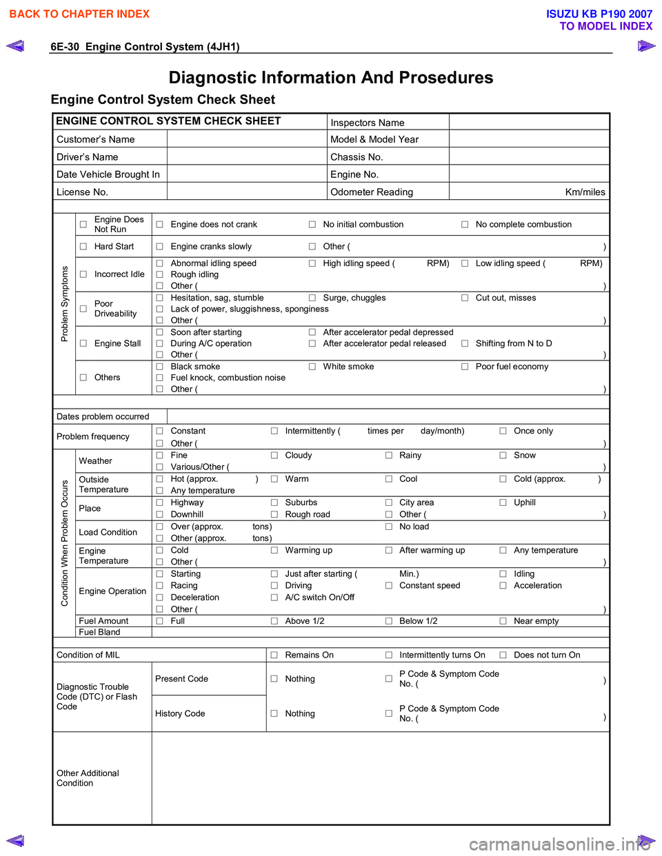ISUZU KB P190 2007 Workshop Repair Manual 6E-30 Engine Control System (4JH1)
Diagnostic Information And Prosedures
Engine Control System Check Sheet
ENGINE CONTROL SYSTEM CHECK SHEET Inspectors Name
Customer’s Name Mod ISUZU KB P190 2007 Workshop Repair Manual 6E-30 Engine Control System (4JH1)
Diagnostic Information And Prosedures
Engine Control System Check Sheet
ENGINE CONTROL SYSTEM CHECK SHEET Inspectors Name
Customer’s Name Mod