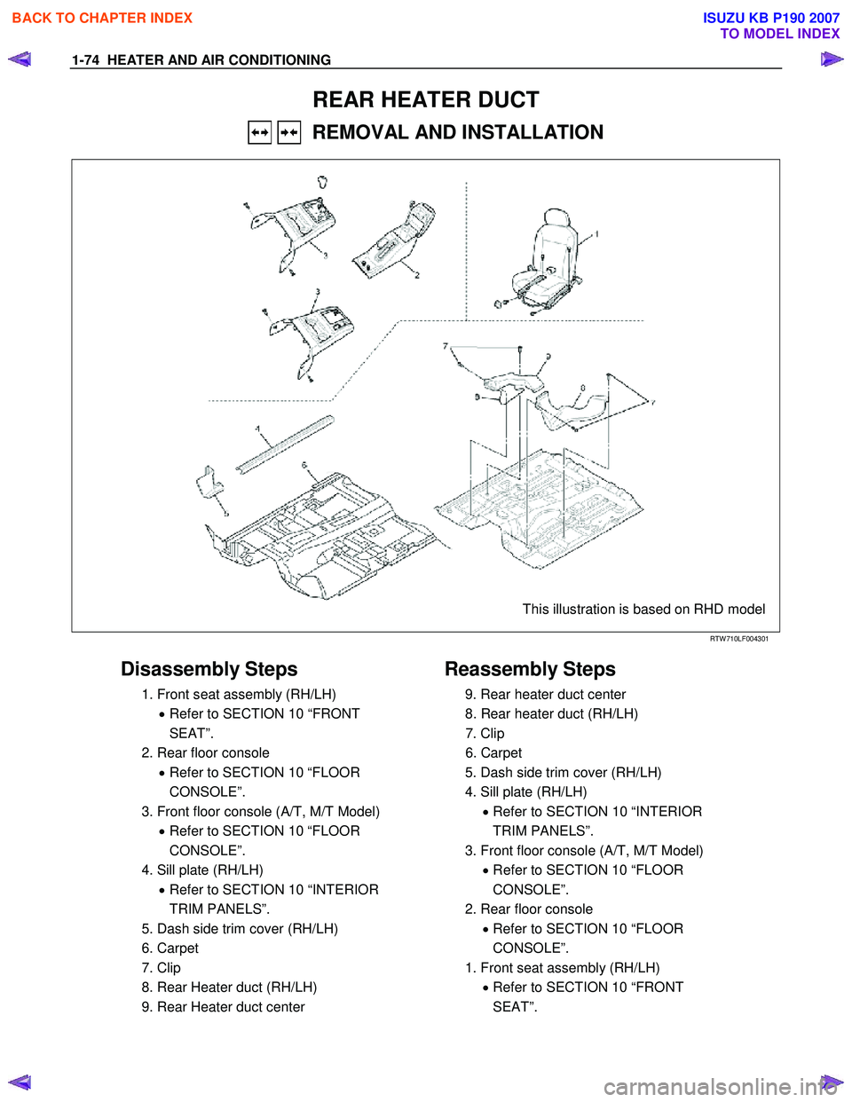 ISUZU KB P190 2007  Workshop Repair Manual 1-74  HEATER AND AIR CONDITIONING 
REAR HEATER DUCT 
   REMOVAL AND INSTALLATION 
  
 
This illustration is based on RHD model 
 
RTW 710LF004301 
 
Disassembly Steps 
  1. Front seat assembly (RH/LH)