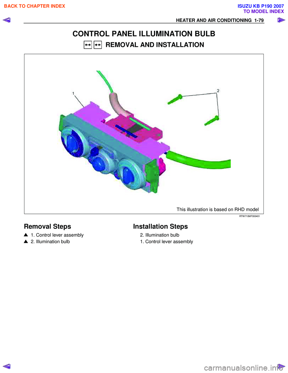 ISUZU KB P190 2007  Workshop Repair Manual HEATER AND AIR CONDITIONING  1-79 
CONTROL PANEL ILLUMINATION BULB 
   REMOVAL AND INSTALLATION 
   
 
 
 
 
  This illustration is based on RHD model   
RTW 710MF000401 
 
Removal Steps  
  1. Contro