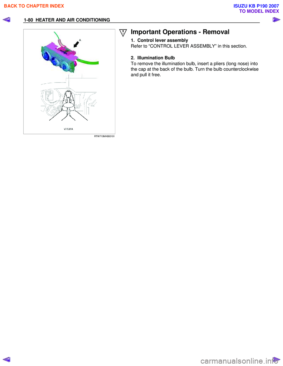 ISUZU KB P190 2007  Workshop Repair Manual 1-80  HEATER AND AIR CONDITIONING 
  
 
RTW 710MH000101  
Important Operations - Removal 
1.  Control lever assembly  
Refer to “CONTROL LEVER ASSEMBLY” in this section.  
  
2. Illumination Bulb 