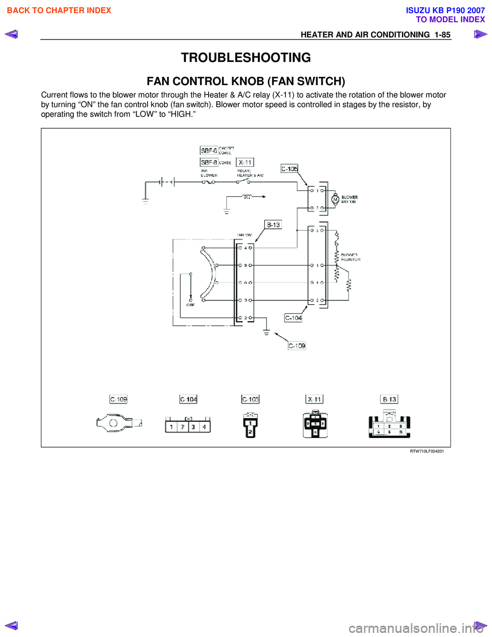 ISUZU KB P190 2007 Workshop Repair Manual HEATER AND AIR CONDITIONING 1-85
TROUBLESHOOTING
FAN CONTROL KNOB (FAN SWITCH)
Current flows to the blower motor through the Heater & A/C relay (X-11) to activate the rotation of the blower motor ISUZU KB P190 2007 Workshop Repair Manual HEATER AND AIR CONDITIONING 1-85
TROUBLESHOOTING
FAN CONTROL KNOB (FAN SWITCH)
Current flows to the blower motor through the Heater & A/C relay (X-11) to activate the rotation of the blower motor