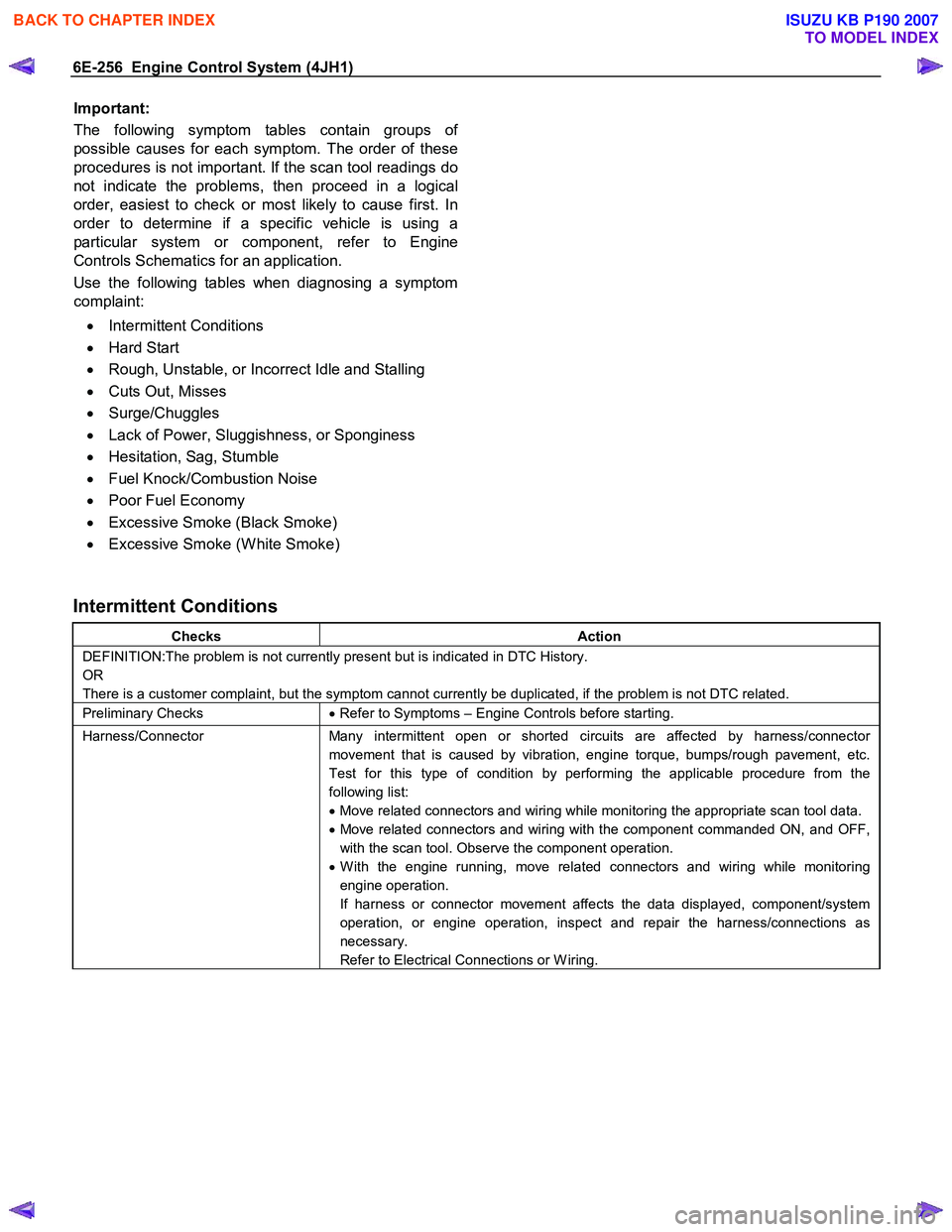 ISUZU KB P190 2007 Workshop Owners Guide 6E-256 Engine Control System (4JH1)
Important:
The following symptom tables contain groups o
f
possible causes for each symptom. The order of these
procedures is not important. If the scan tool ISUZU KB P190 2007 Workshop Owners Guide 6E-256 Engine Control System (4JH1)
Important:
The following symptom tables contain groups o
f
possible causes for each symptom. The order of these
procedures is not important. If the scan tool
